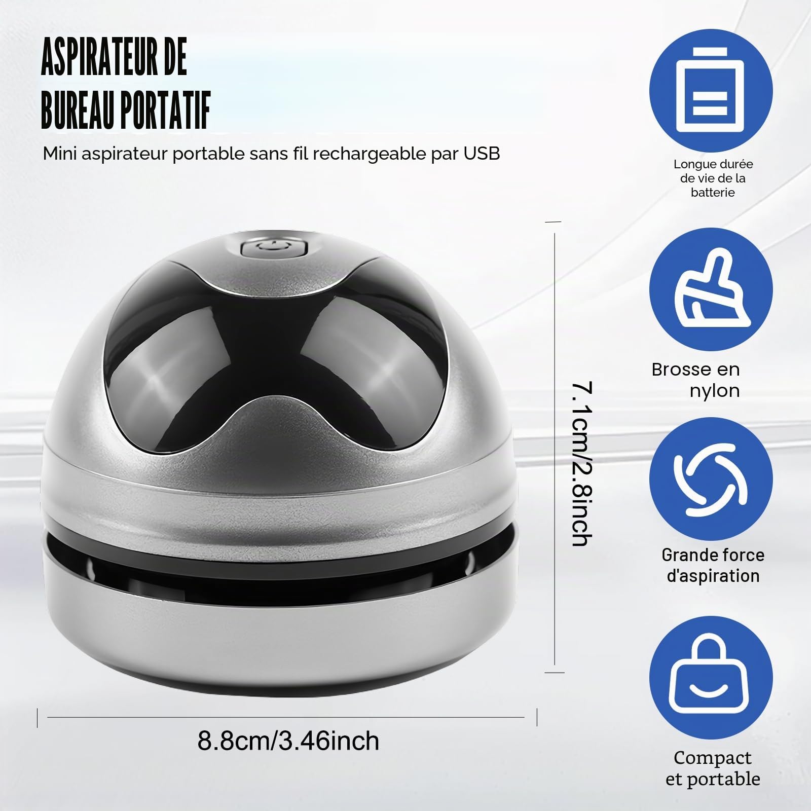 SPORWAY Aspirateur de table, petite aspirateur à main, rechargeable par USB, forte puissance d'aspiration, nettoyeur de poussière électrique, pour clavier, bureau, canapé (gris)