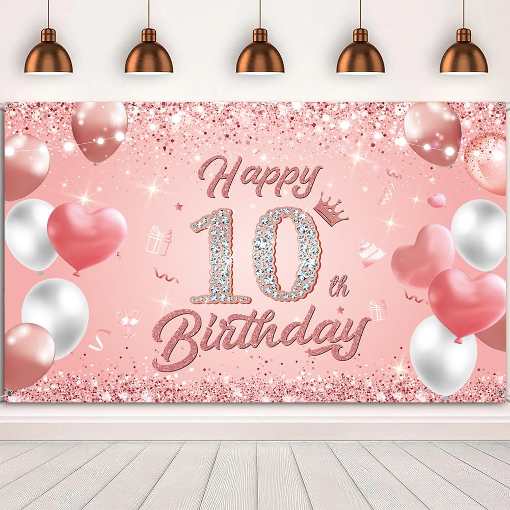 Happy 10th Birthday Banner Rose Gold 1.1 x 1.8m Happy Birthday Banner Backdrop 10th birthday Decorations for Girls Women, 10 Years Old Anniversary Party Supplies