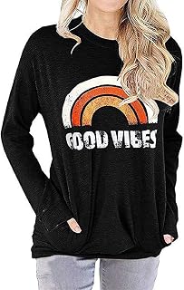 Fuyxxmer Womens Good Vibes Sweatshirt Rainbow Graphic Inspirational Tee Long Sleeve Pullover Blouses Top Shirts with Pockets