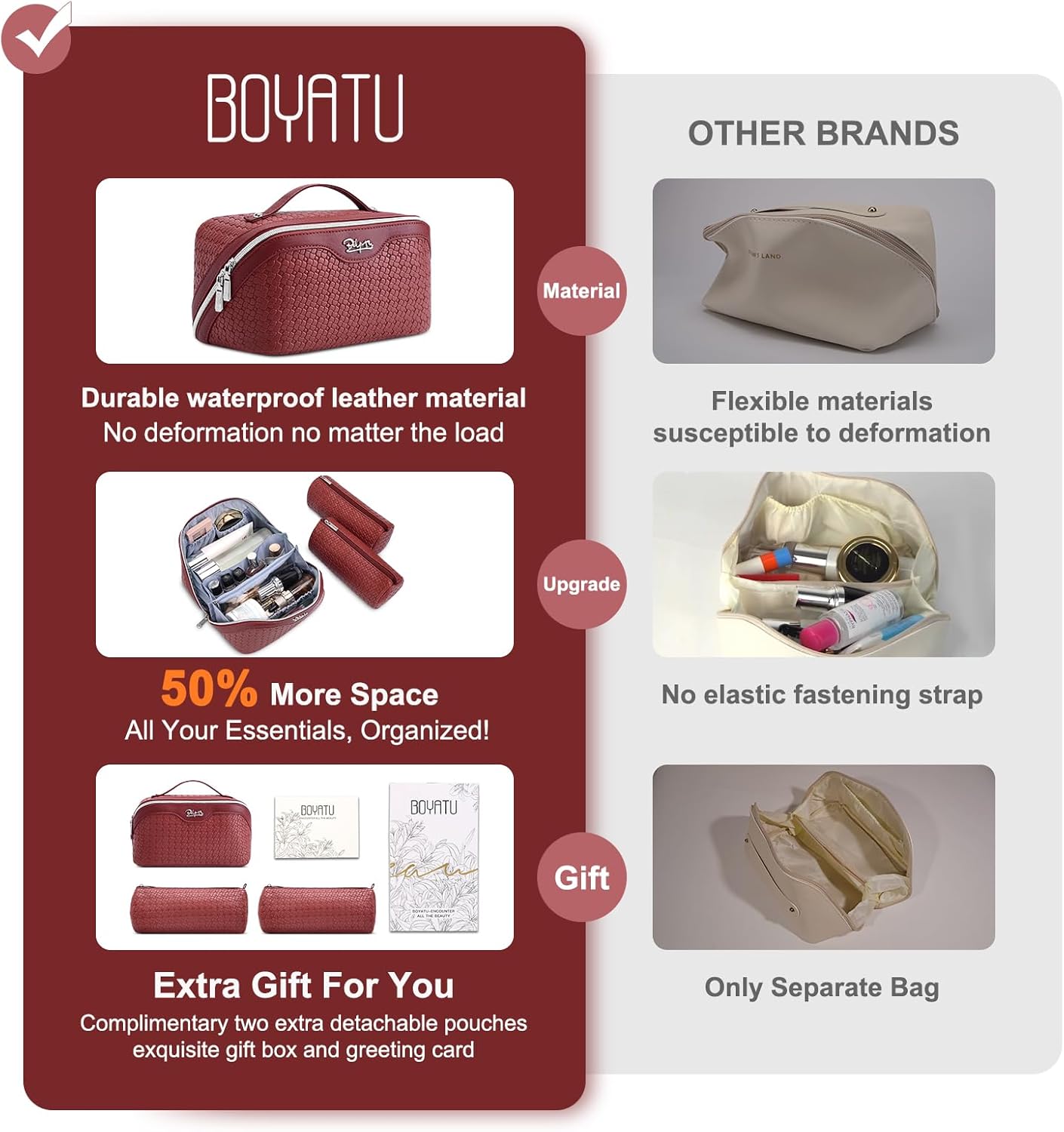 BOYATU Travel Makeup Bag Cosmetic Bags for Women: Large Capacity 3 Pcs Set Make up Bag with Compartments - Waterproof Vegan Leather Toiletry Organizer Bags with Handle (L52Burgundy)