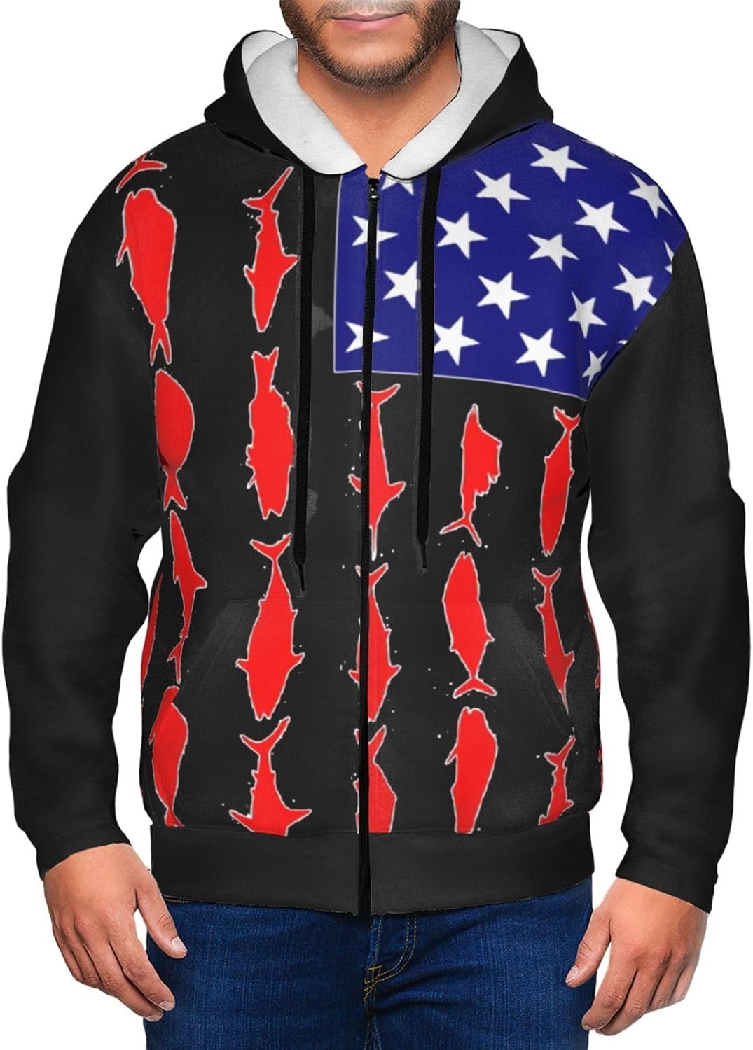 American Fish Flag Men Boy Hoodie Full-Zip Zip-Up Coat Hooded With Pocket