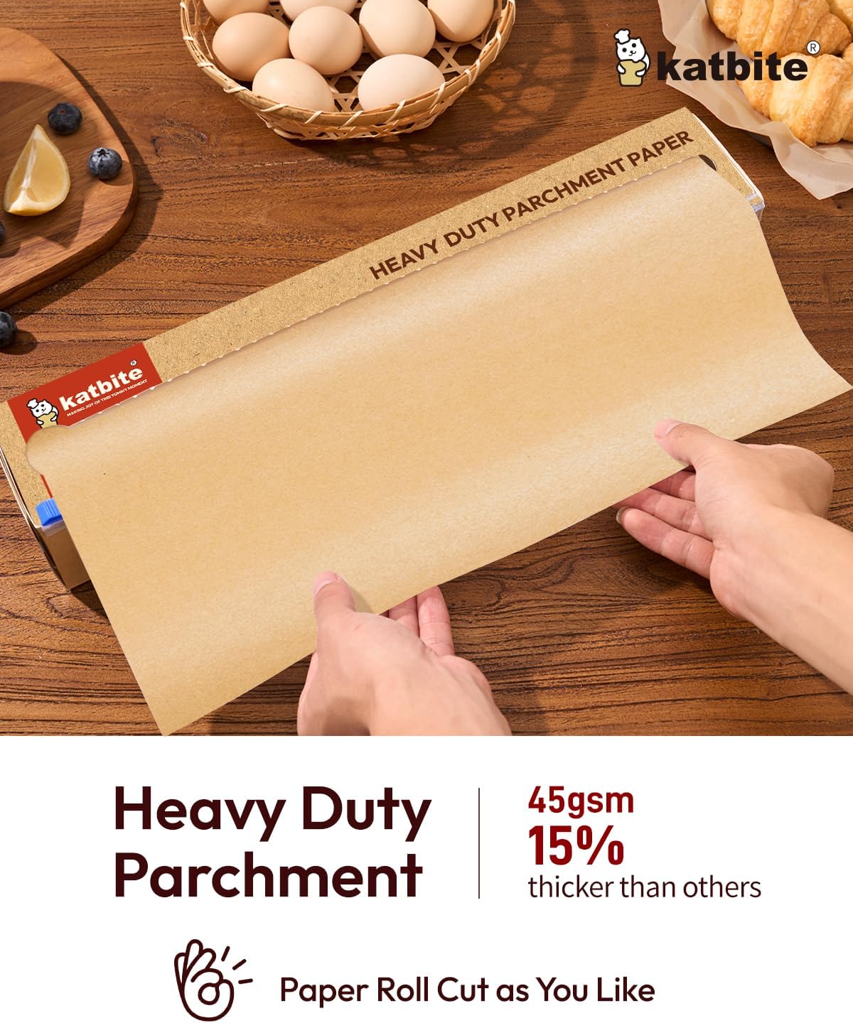 Katbite Unbleached Parchment Paper for Baking, 15 in x 210 ft, 260 Sq.Ft, Heavy Duty Baking Paper with Slide Cutter, Non-stick Brown Parchment Paper Roll for Cooking, Air Fryer, Steaming, Baking Bread - Image 3