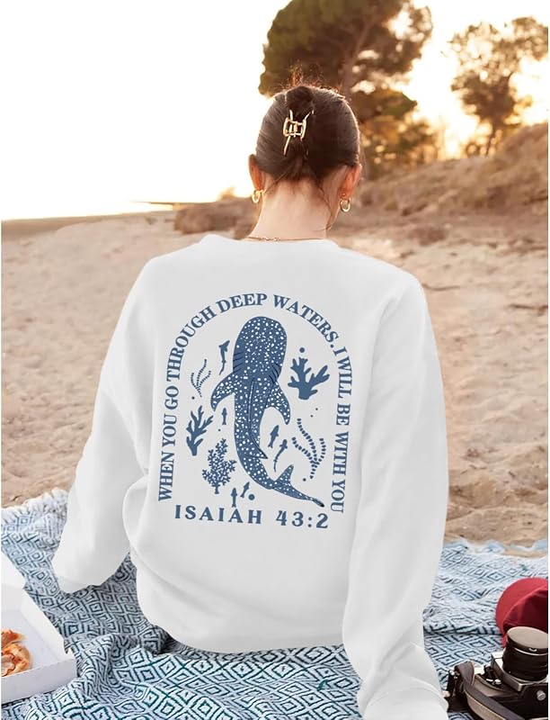 Sulayesh Christian Whale Shark Sweatshirts for Women Jesus God Bible Verse Hoodie Religious Faith Graphic Long Sleeve Shirts (White,L) image 2