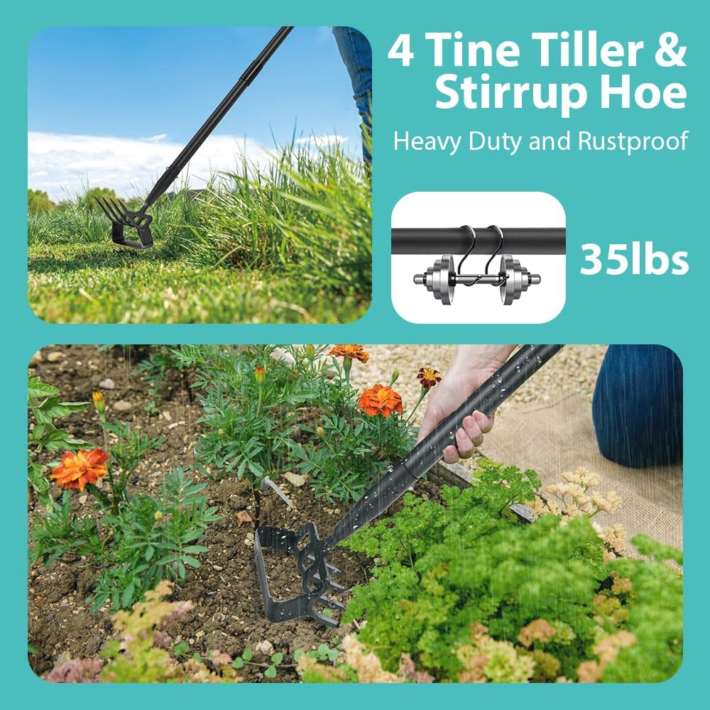 Zappa da giardino con manico regolabile per diserbo, scavatore, allentamento del terreno, zappa da giardino in metallo con rastrello coltivatore (76-150 cm)