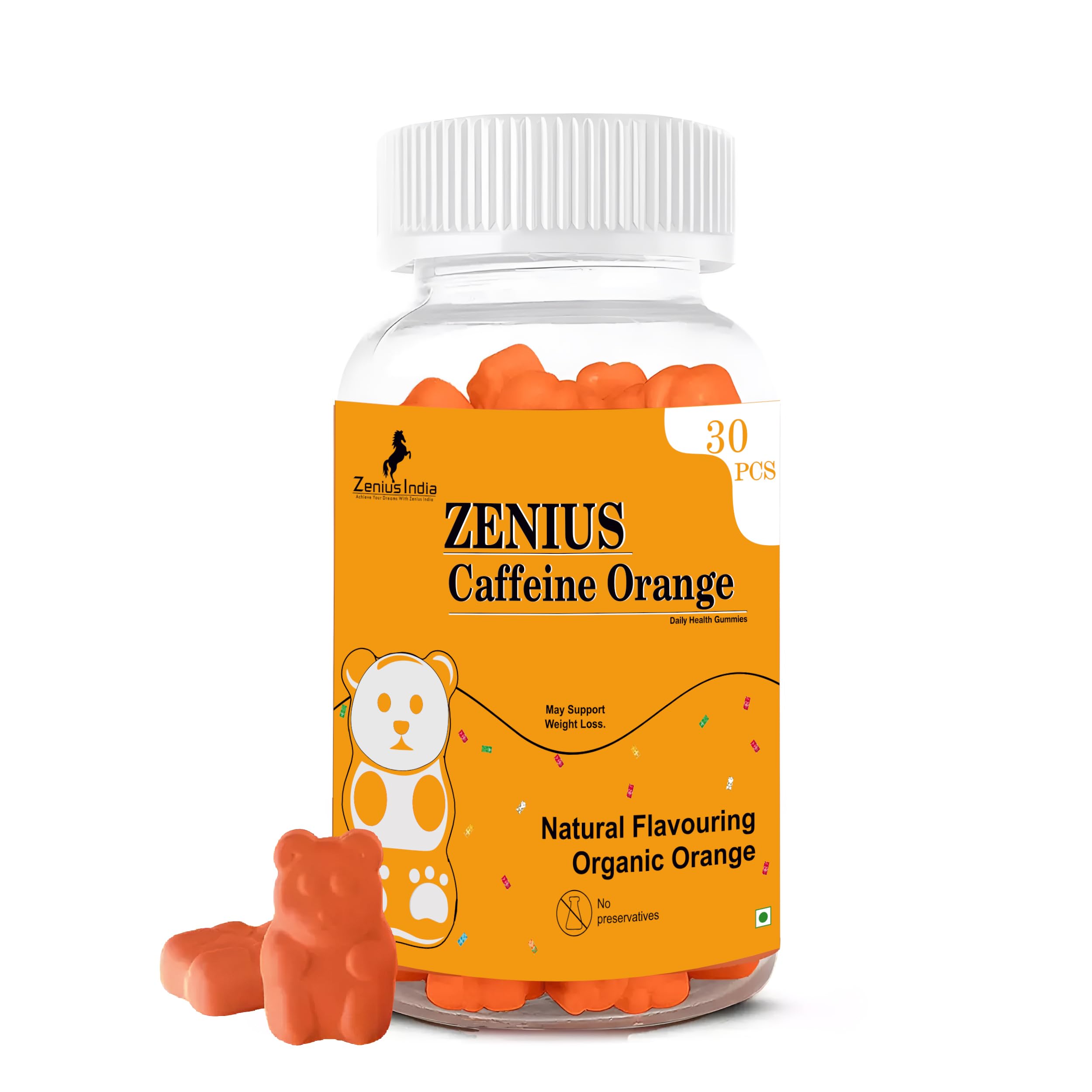 Zenius Orange Flavored Caffeine Gummies for Energy, Focus and immunity booster, Weight Management 30 Count