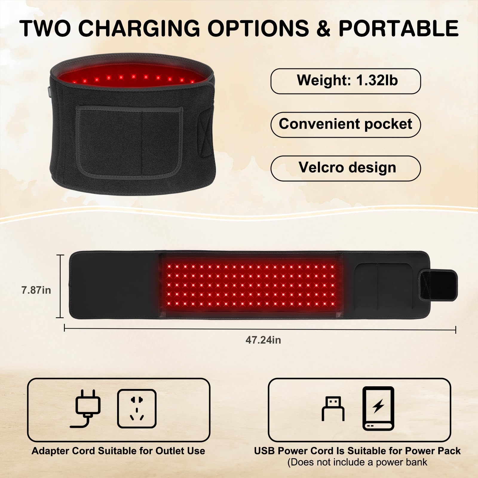 Ceinture lampe à lumière rouge 105 LED, 660 nm & 850 nm infrarouge, 3 modes, minuterie 10/20/30 min, 5 niveaux de luminosité, ceinture lumineuse pour dos, épaules et articulations