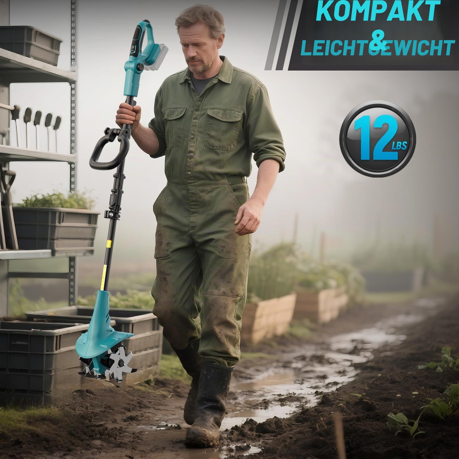 Akku-Bodenhacke Motorhacke für Makita 18V Akku – 360 U/min Motor, 20cm Arbeitsbreite & 13cm Arbeitstiefe für Beet, Acker & Landwirtschaft(Ohne Akku)