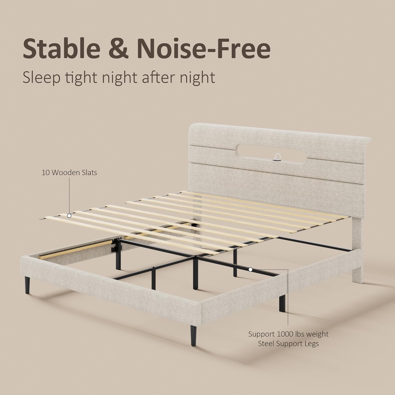 Sismplly Queen Bed Frame with Linen Headboard, Platform Bed Frame with Upholstered Headboard, Mattress Foundation, No Box Spring Required, Easy Assembly, Beige