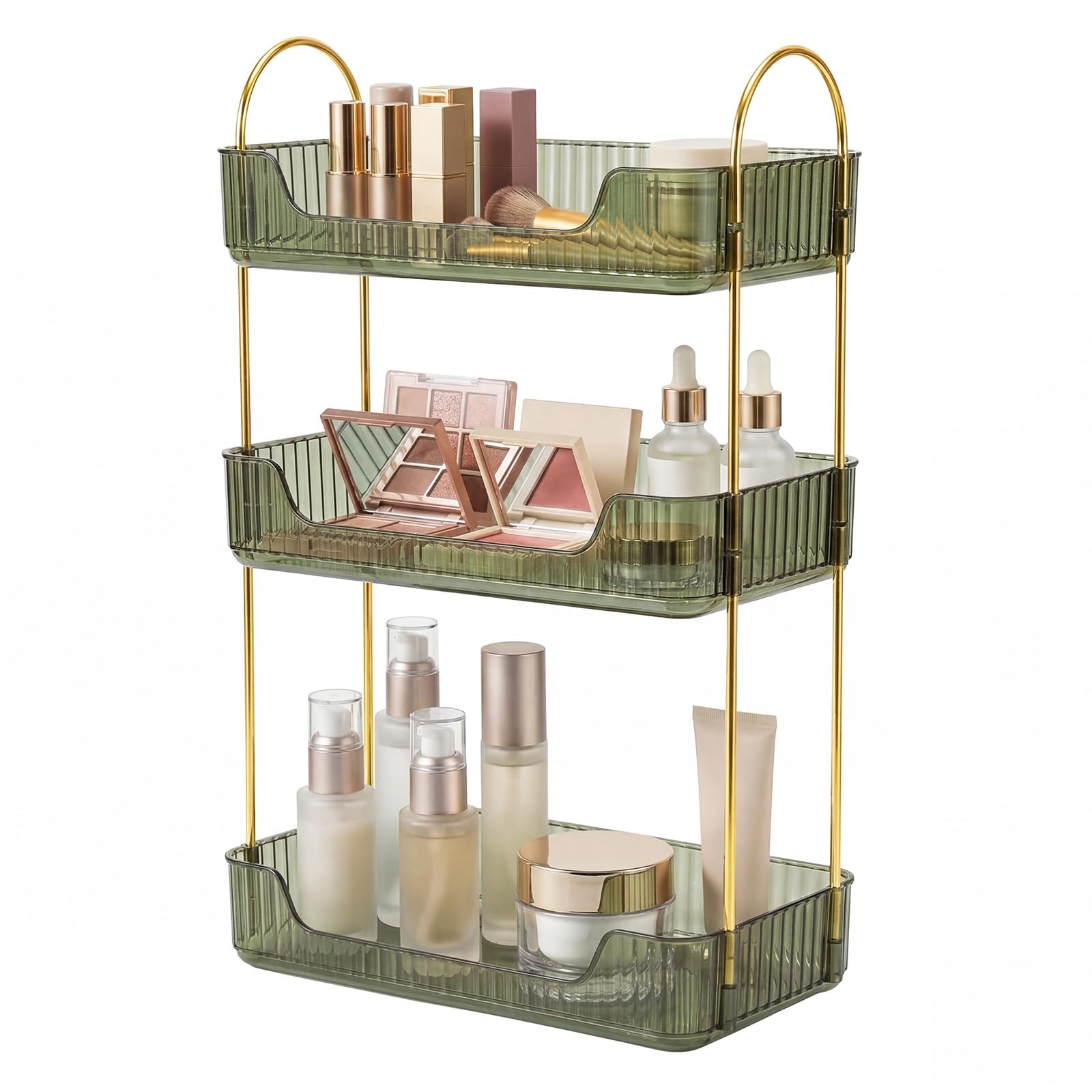 ilus Makeup Organiser Storage, 3 Tier Cosmetics Organiser with Metal Handle, Make up Organiser for Skincare, Perfume & Bathroom Counter, Detachable Vanity Organizer Shelf for Dressing Table, Green