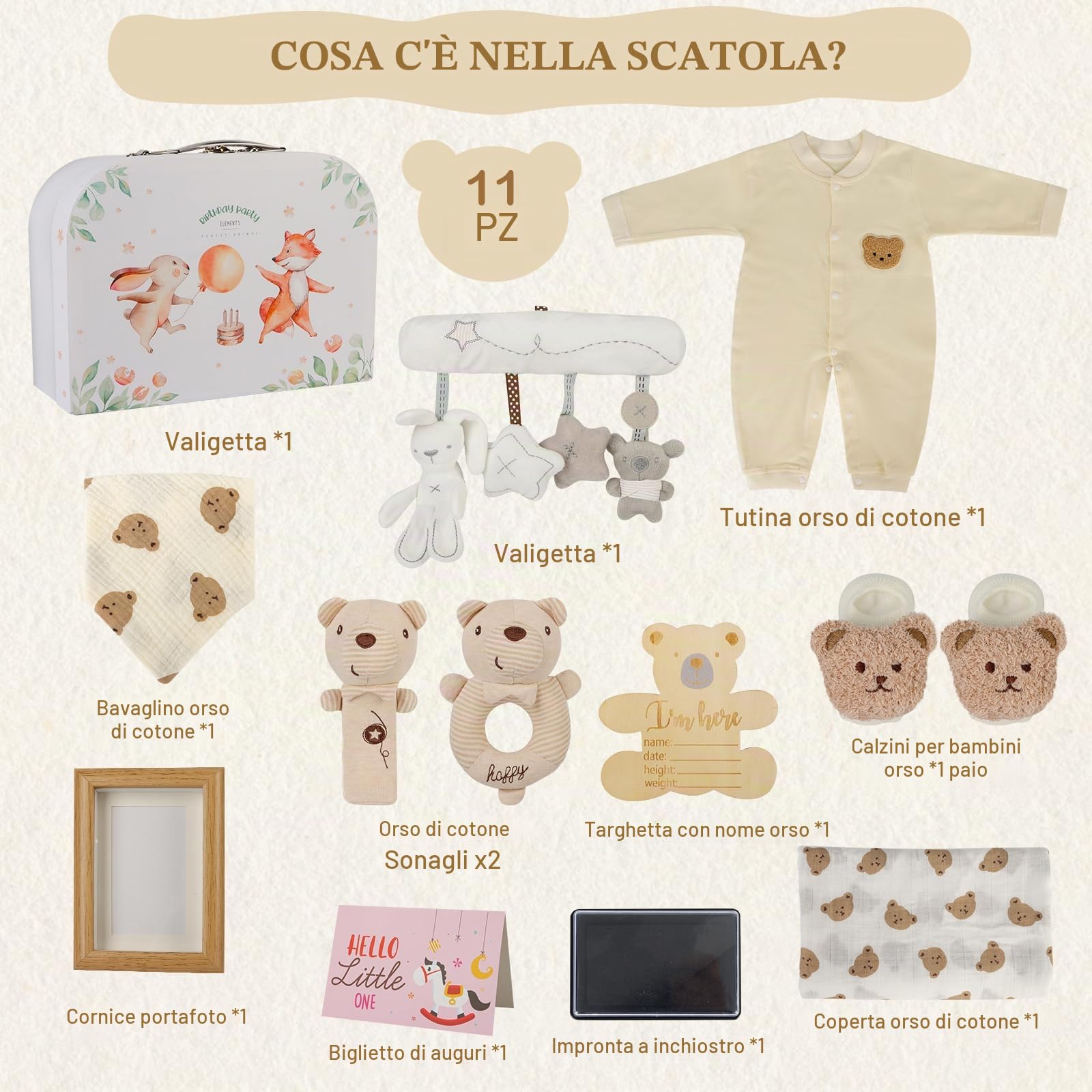 Herefun Regalo Nascita Bimba Bimbo, Baby Shower Regali, Regalo Neonato Unisex con Pagliaccetto Neonato, Peluche Giocattoli, Asciugamani Bagno per Bambini Bambine