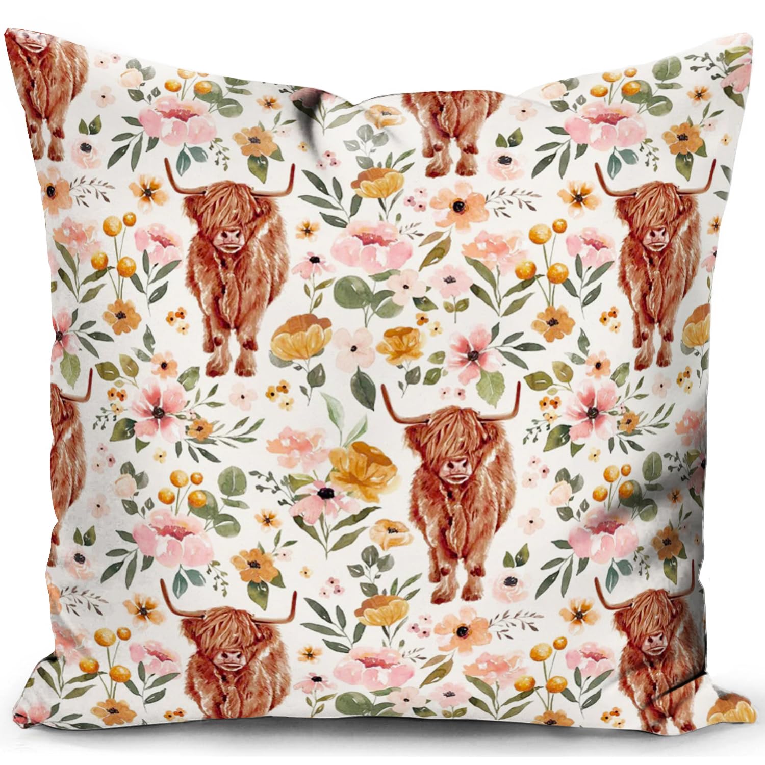 KUNQIAN Cushion Cover Highland Cow Gifts for Women Scottish Decor Animal Pattern Flower Pink Pillow Cover Decorations for Home Livingroom Couch Sofa 18"x18"(45x45cm) — image 1
