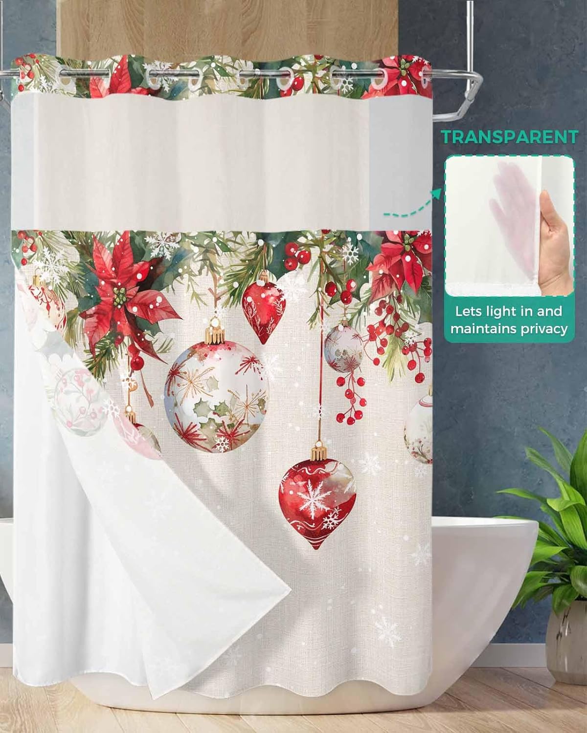 No Hooks Shower Curtain with Waterproof Snap Liner, Christmas Winter Snowflake Poinsettia Xmas Balls Linen Texture Premium No Hooks Shower Curtain Decor for Hotel Bathroom Grade Spa, 60"x72"