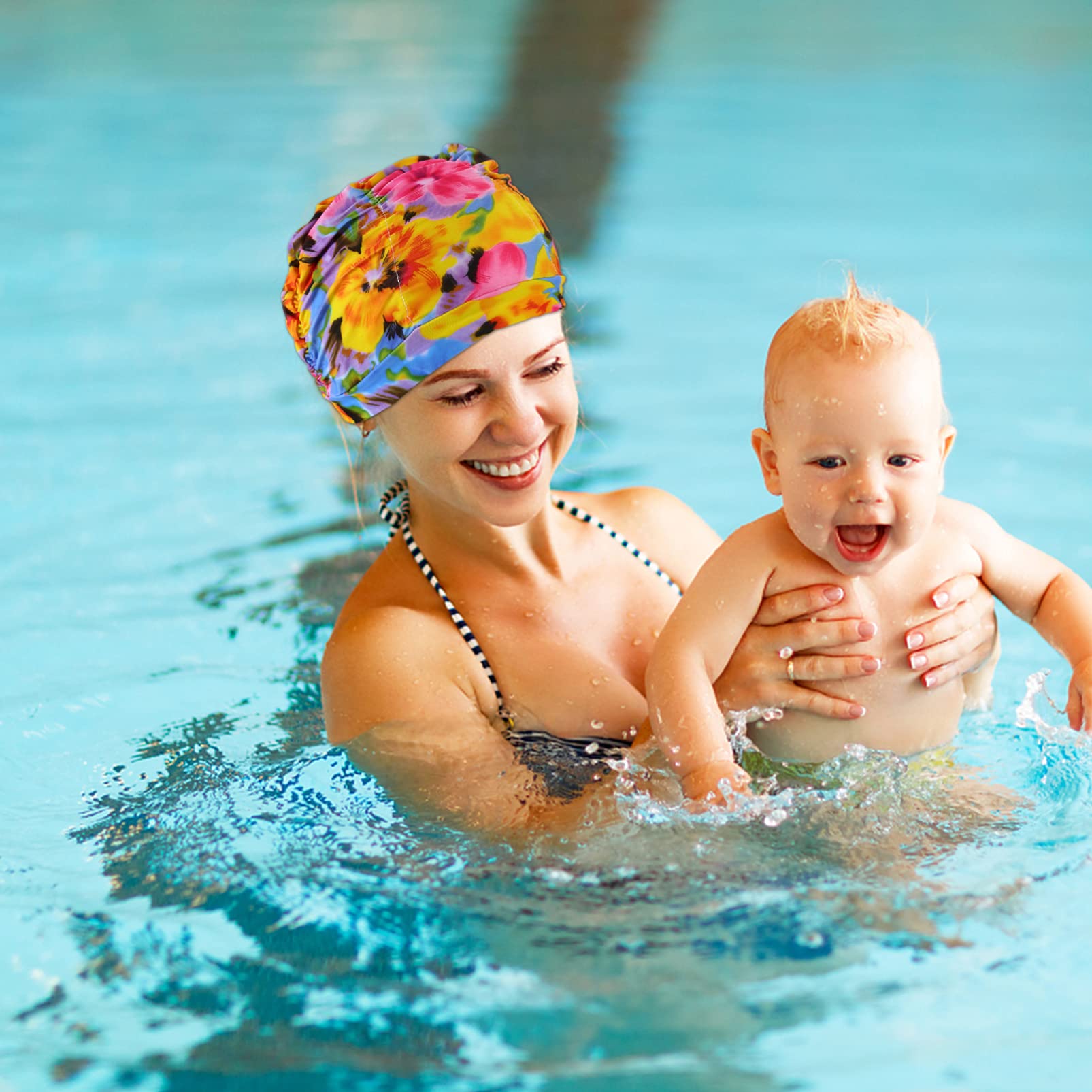 Kisangel Cuffie da Nuoto Elastiche in Nylon Stampa a Pieghe, Impermeabili, Confezione da 6 Pezzi, Colori Assortiti, Protezione per Chioma, per Adulti in Piscina