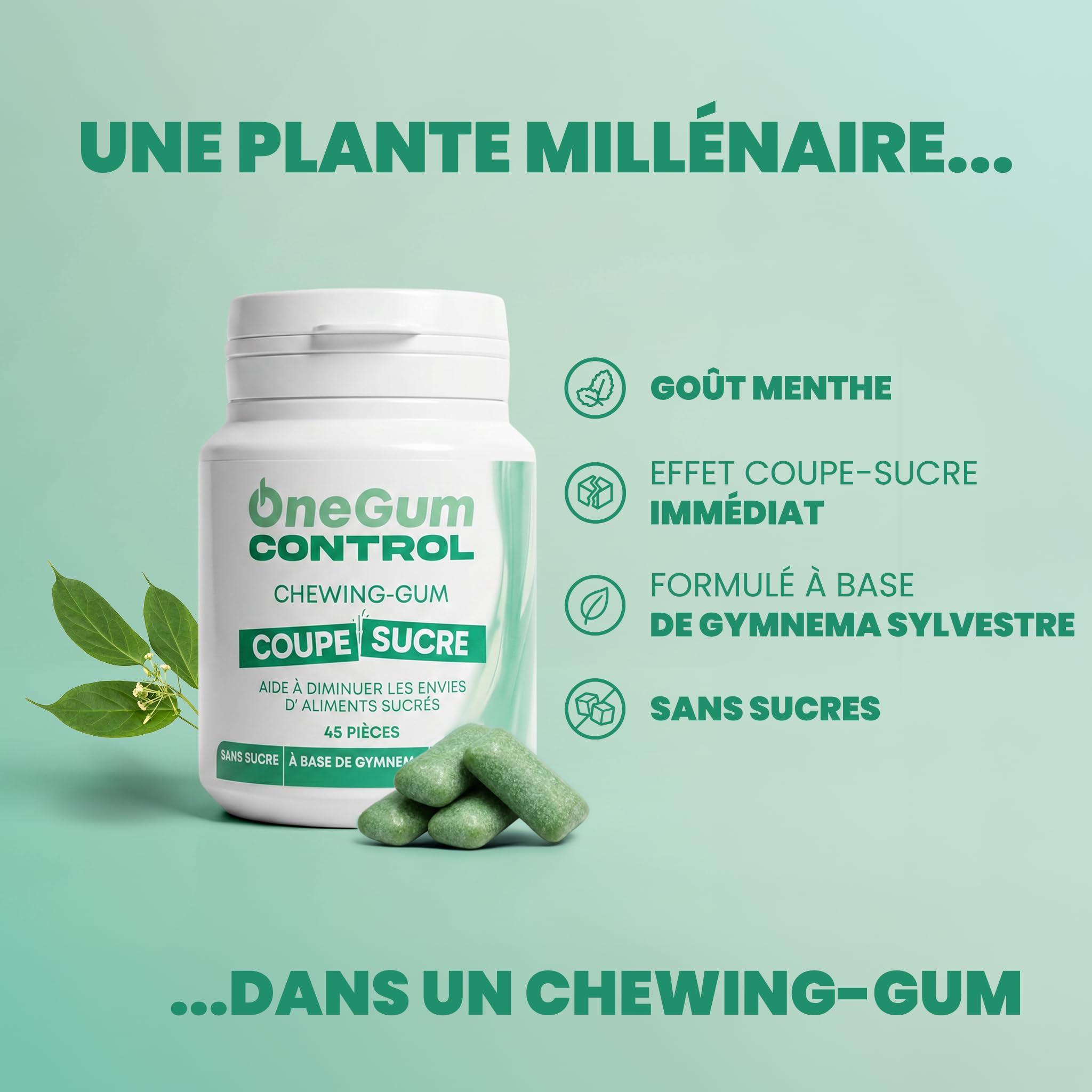 OneGum CONTROL Chewing-Gum Menthe Coupe-Sucre Gymnema Sylvestre, Boîte 45 | Atténue le Goût Sucré en Quelques Minutes, Sans Sucre, Vegan