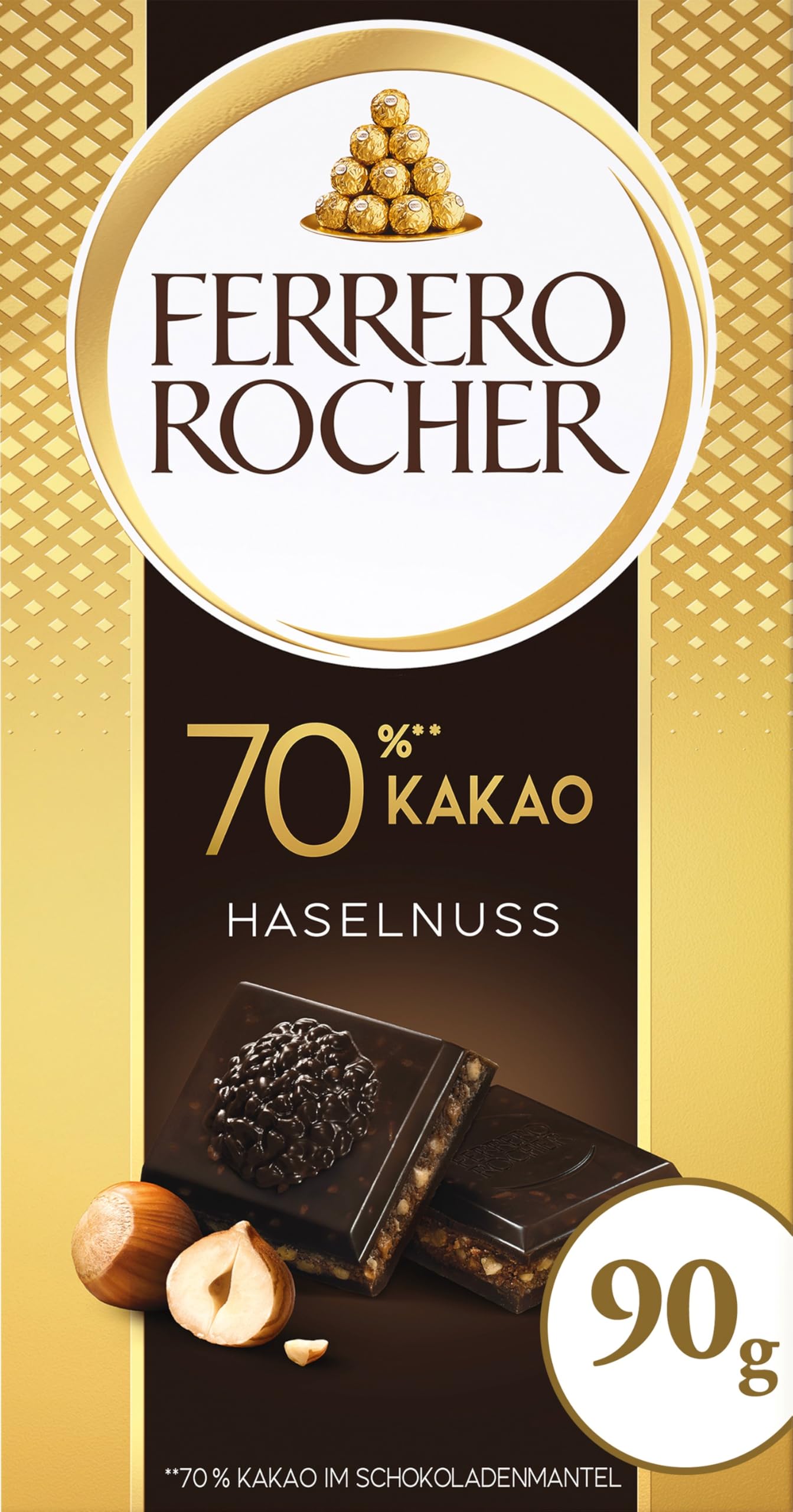 Ferrero Rocher Tafel - Feine Bitterschokolade mit Haselnuss - 70 Prozent Kakao im Schokoladenmantel - 1 x 90 g Schokoladentafel