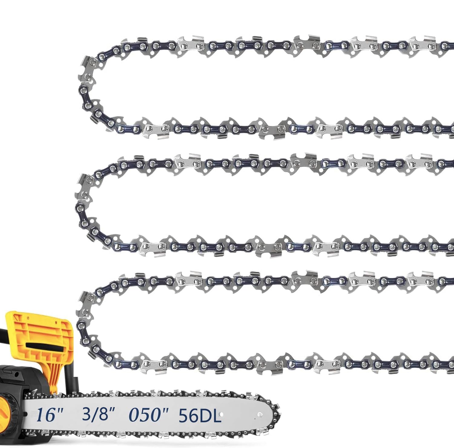 16 Inch Chainsaw Chain, 3/8" LP Pitch, 0.050" Gauge, 56 Drive Links, Fits for Ryobi, Husqvarna, Greenworks, Craftsman, Poulan, Homelite, Makita, Echo Chainsaw and More (3 Chains)