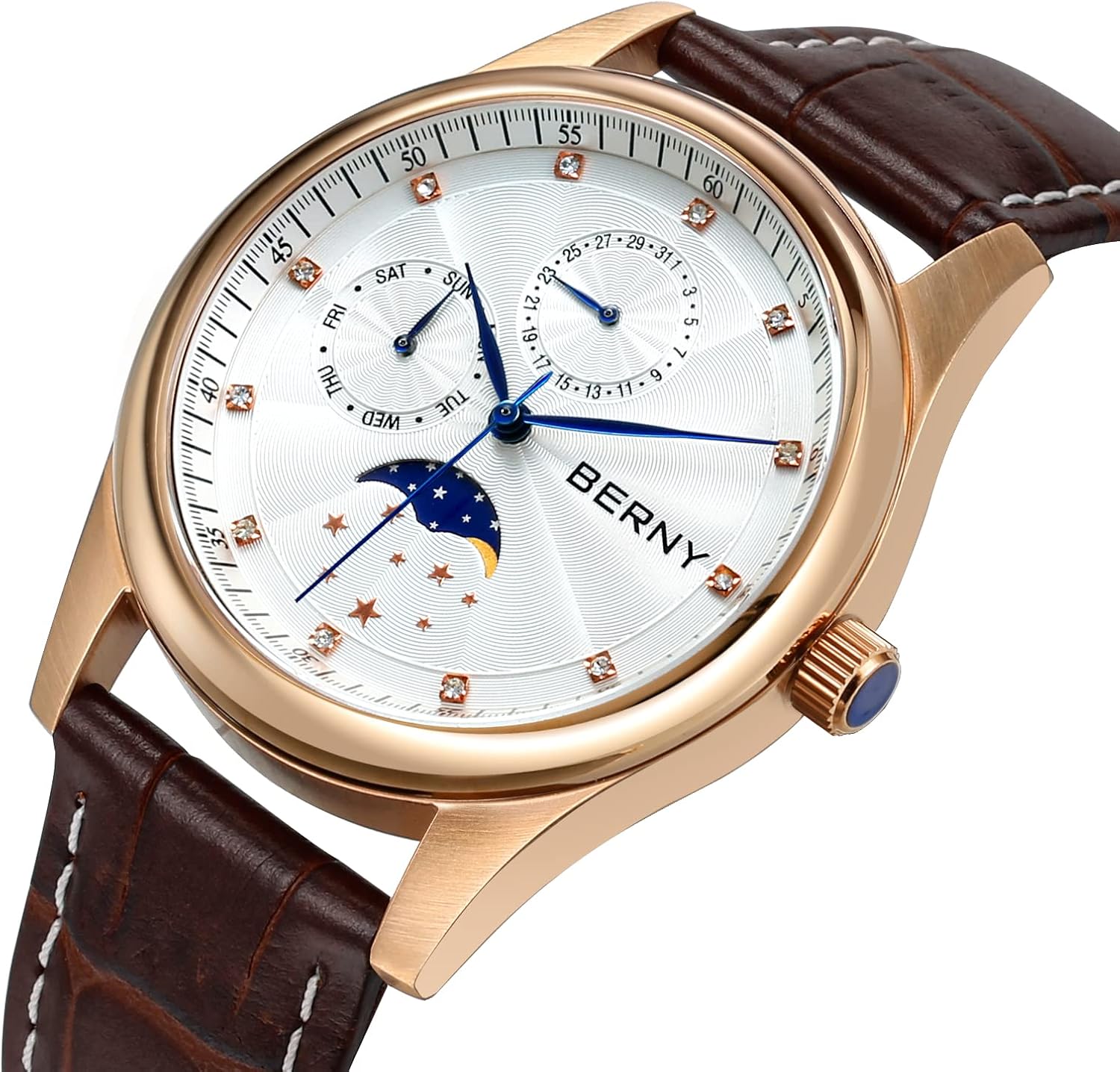 BERNY Mens Multi-Functional Quartz Watch with Calendar and Moon Phase Watch - Stainless Steel Case and Leather Band