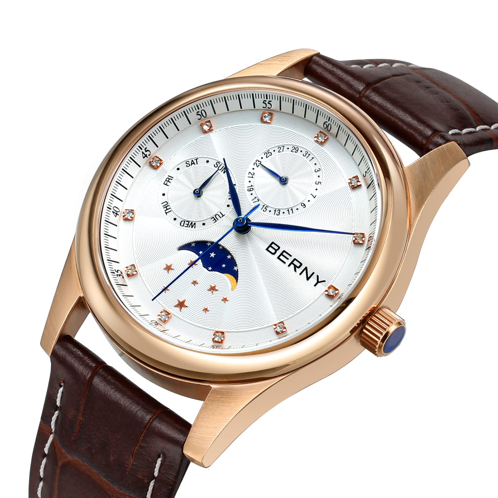 BERNY Orologi Multifunzione per Donna Impermeabili Orologi Donna con Cinturino In Vera Pelle Moda Donna Sub-dail con Calendario Moon Phase