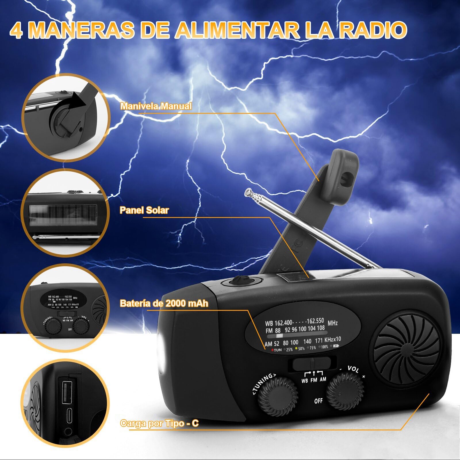Radio Solar portátil con Am/FM/NOAA meteorológica Radio, Alarma SOS y Dinamo de manivela, Cargador de móvil USB, Linterna LED, para emergencias (Negro,batería Recargable de 2000 mAh)