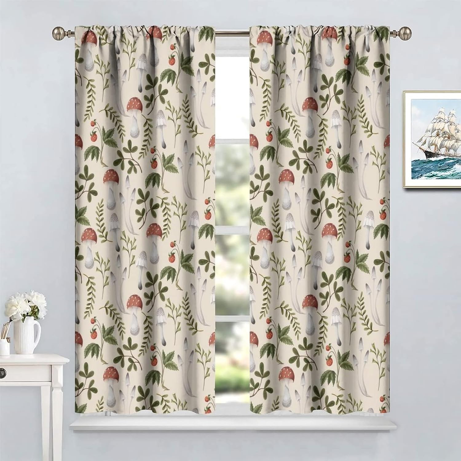 Mushroom Blackout Curtains, Colorful Cartoon Style Abstract Illustration Print Window Treatments for Living Room, Mushroom Seamless Pattern Curtain 2 Panel, 42x54 Inch