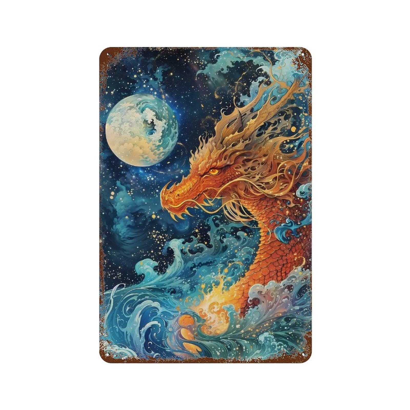 Celestial Dragons Gaze Vintage Rust Metal Sign 11.8"x7.9", Shabby Chic Decor for Living Room, Hallway And Home Decor