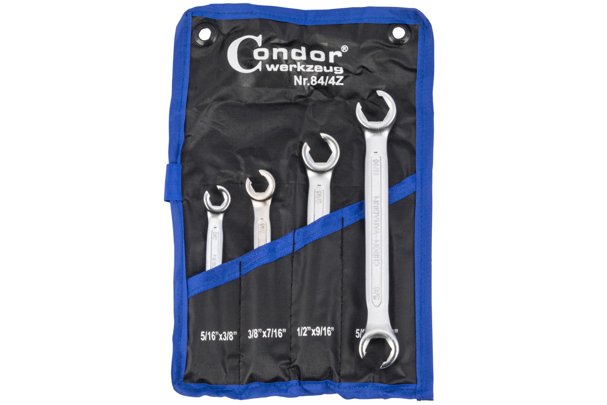CONDOR Utensile 84-4Z | Set di chiavi di cablaggio | 4 pezzi | totale | 5/16 – 11/16" | Set di chiavi ad anello aperte | Set di chiavi per tubi del freno, attrezzi professionali per officina e fai da