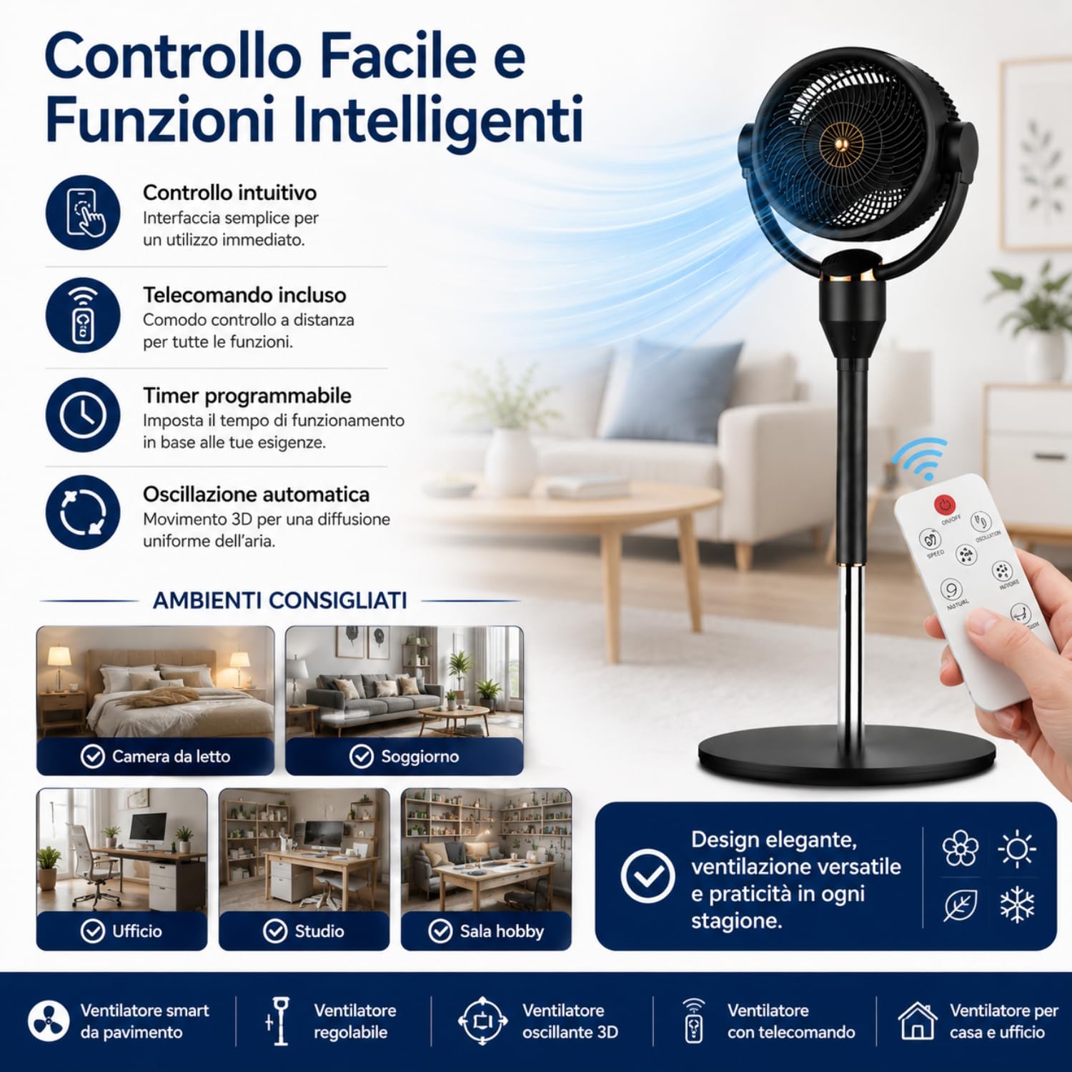 Ventilatore a Piantana Silenzioso 23 dB con Motore DC, Circolatore d'Aria 3D Oscillante, 6 Velocità, Telecomando, Controllo Vocale Smart, Timer, Altezza Regolabile, 2 in 1 per Casa e Ufficio