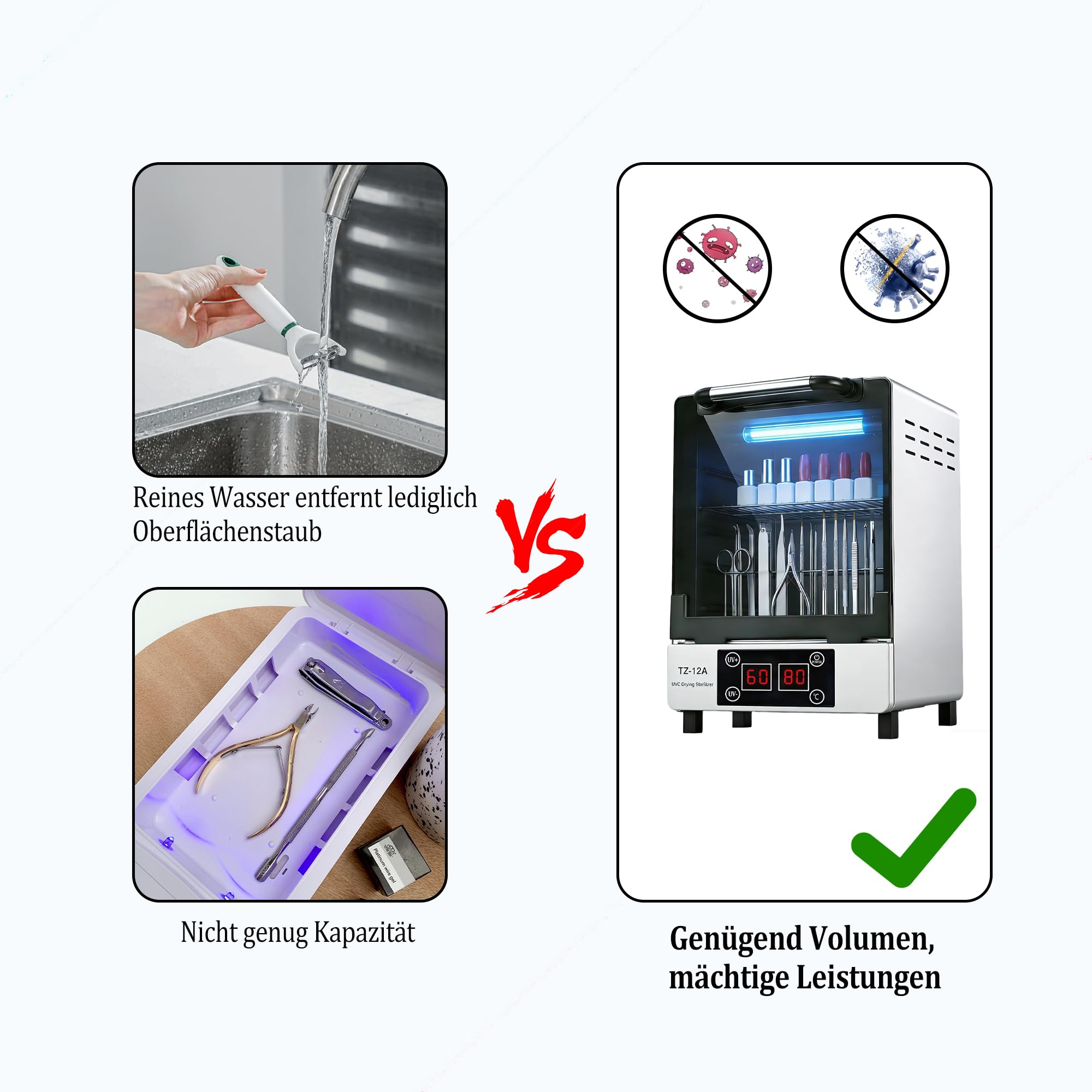 UV-C Nagelstudio Sterilisator & Trockner, UV-C 254nm + Heißlufttrocknung 45-80°C, 0-60Min Digital Timer, Edelstahl Desinfektionsschrank für Nagelzubehör, Friseur, Kosmetikstudio