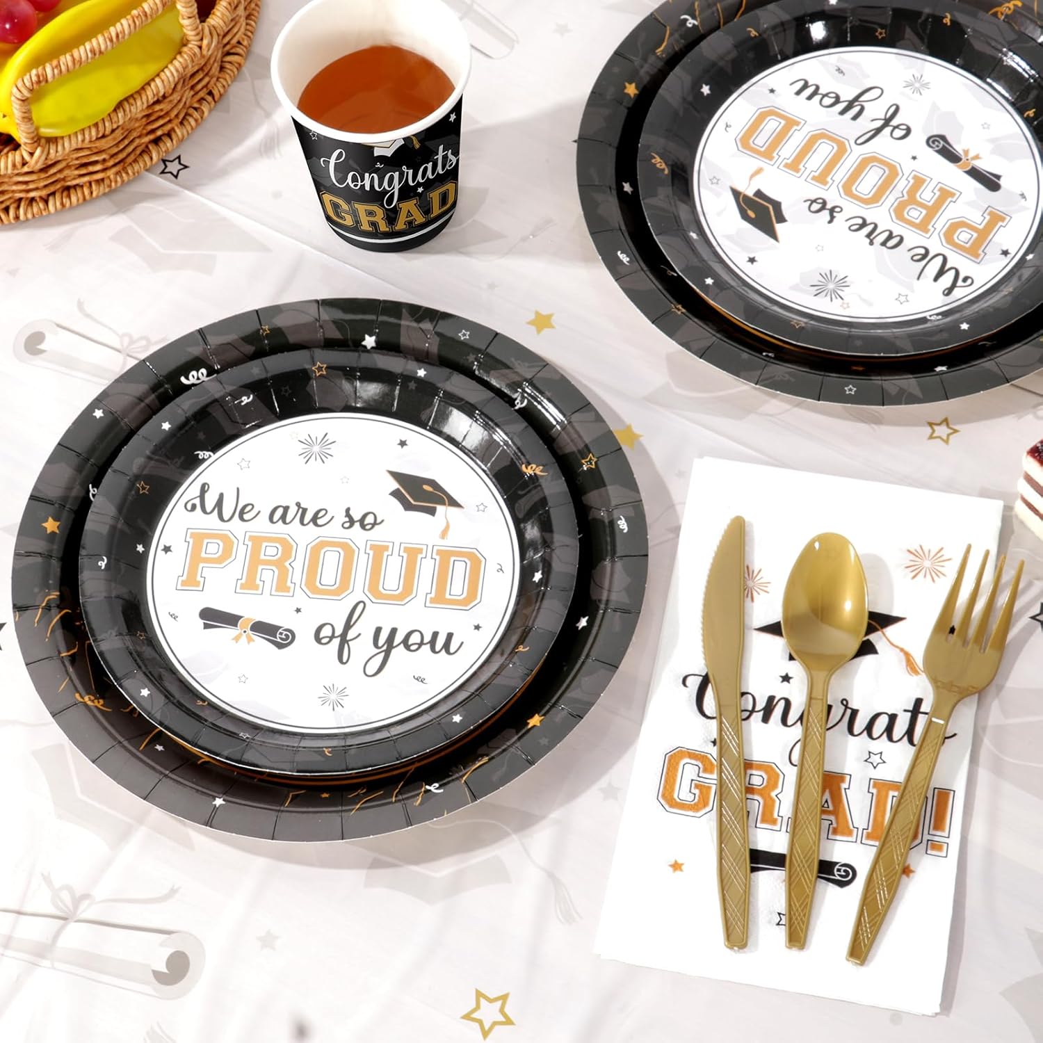 Graduation Party Supplies Congrats Grad Plates and Napkins Set Serve 50, Disposable Tableware Paper Plates Napkins Cup Knive Spoon Fork Straw for Class of 2026 Graduation Party Decorations Black Gold