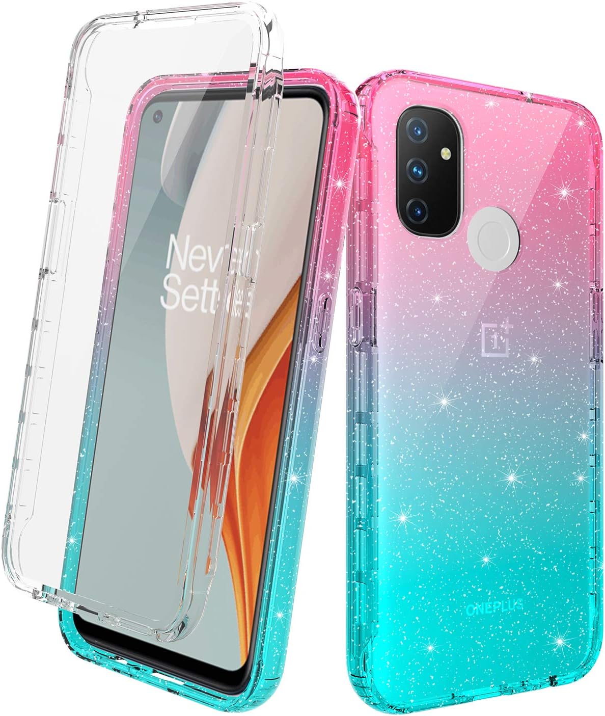OnePlus Nord N10 5G Case with Built-in Screen Protector, Rosebono Hybrid Glitter Sparkle Transparent Colorful Gradient TPU Cover 360 Protection Case for OnePlus Nord N10 5G (Blue/Pink)