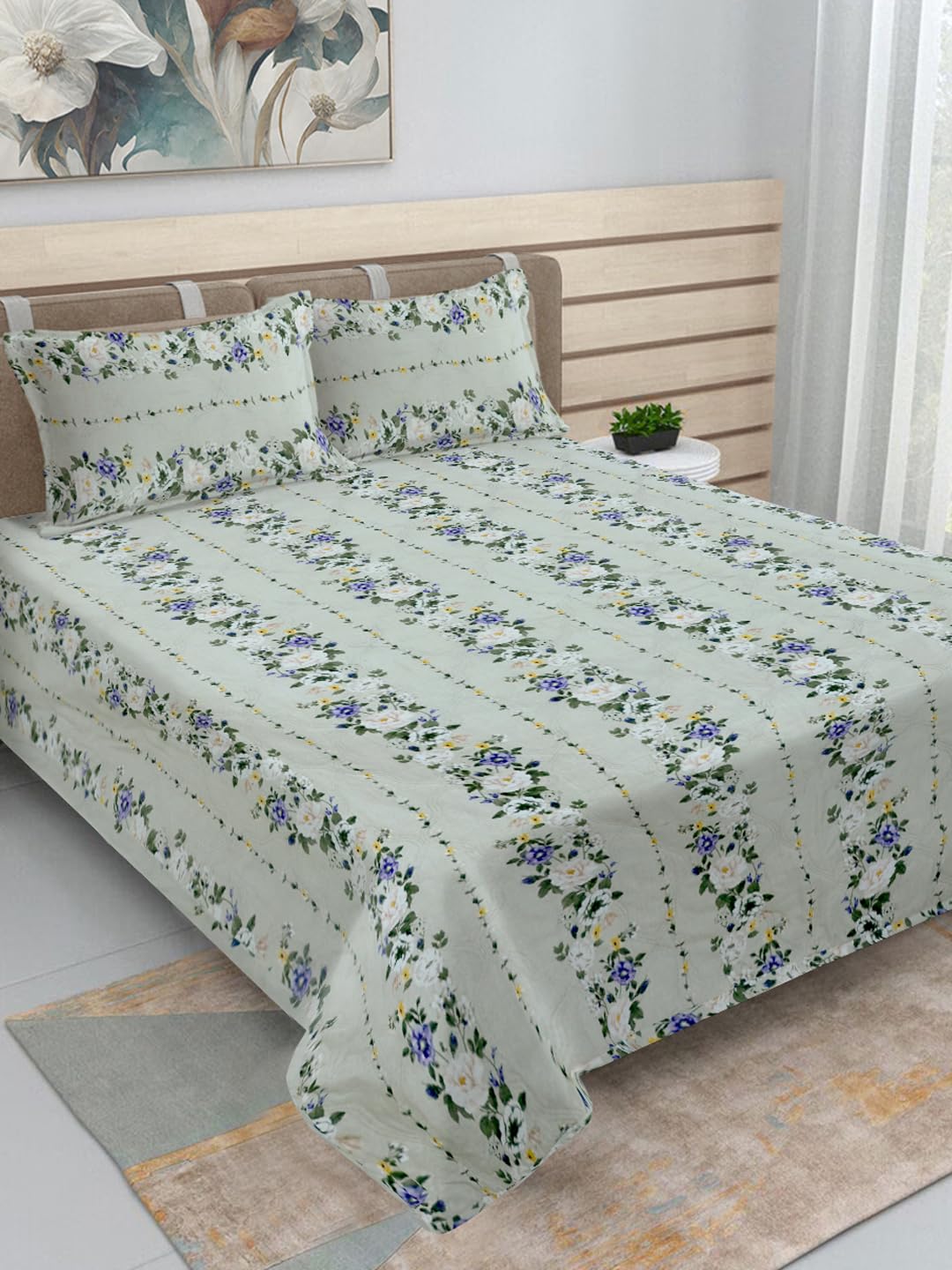 Green Floral Cotton Blend King Size Ultrasonic Quilted Reversible Double Bedcover with 2 Quilted Pillow Covers (FLBD-1068-Green)-image-39