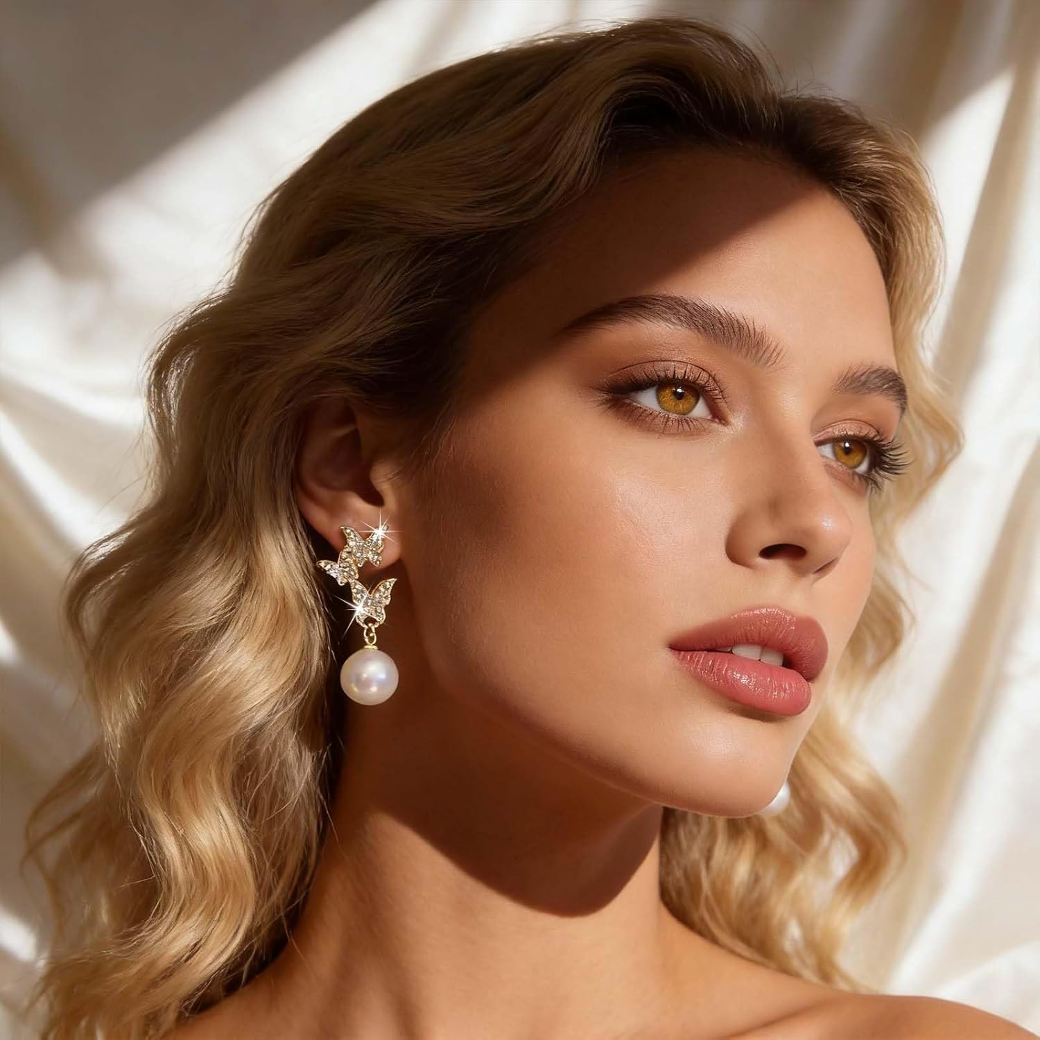 Vintage Crystal Pearl Dangle Earrings Cz Butterfly Pearl Drop Earrings Gold Butterfly Pearls Earrings Rhinestone Butterfly Stud Earrings Jewelry for Women - Image 2