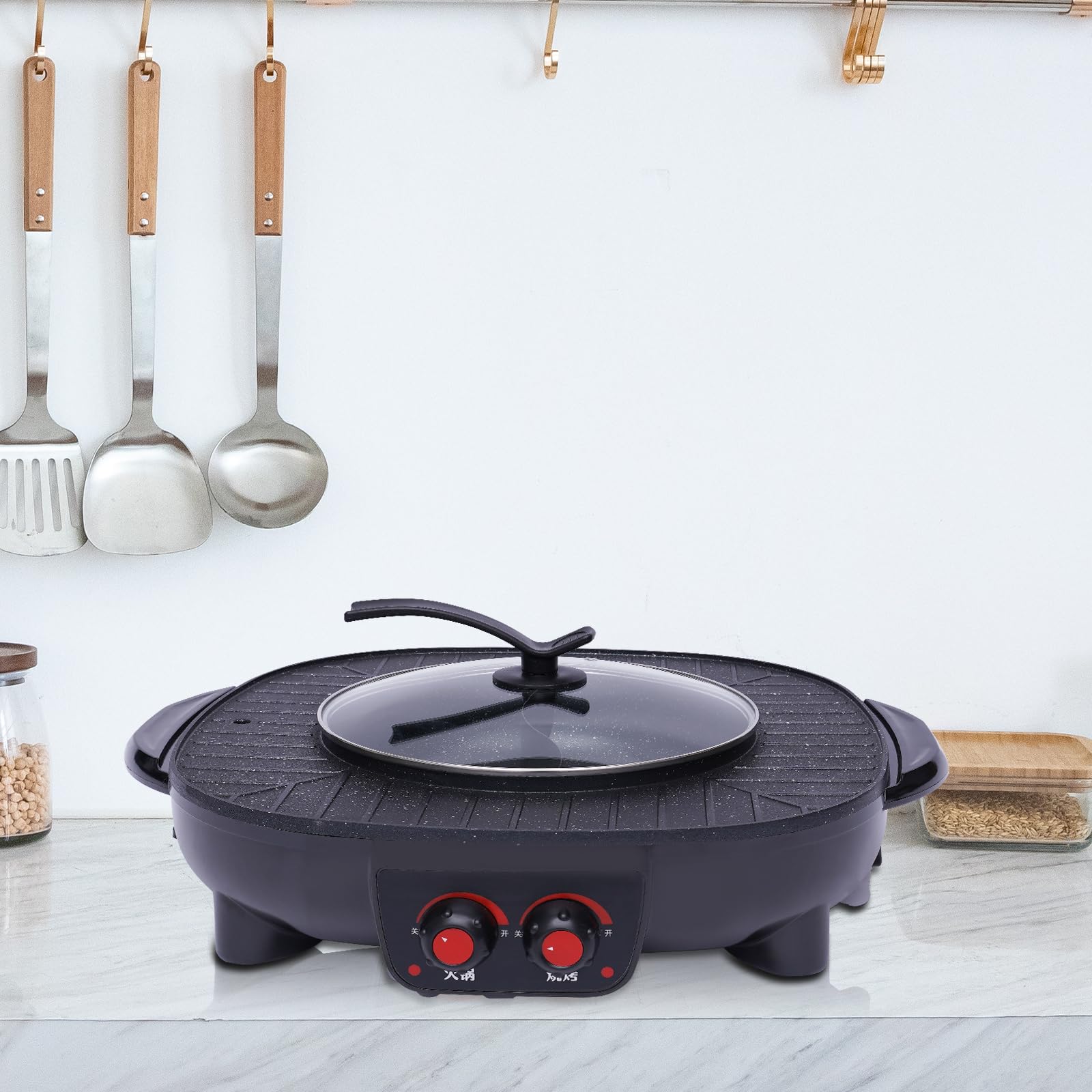 2 In 1 Hotpot und Grill,Elektrischer Hotpot Topf Elektrogrill Antihaft-Rauchloser Grillofen,mit Abnehmbar Kochplatte Indoor Korean BBQ Thai Barbecue Fondue Raclette für 5-6 Personen