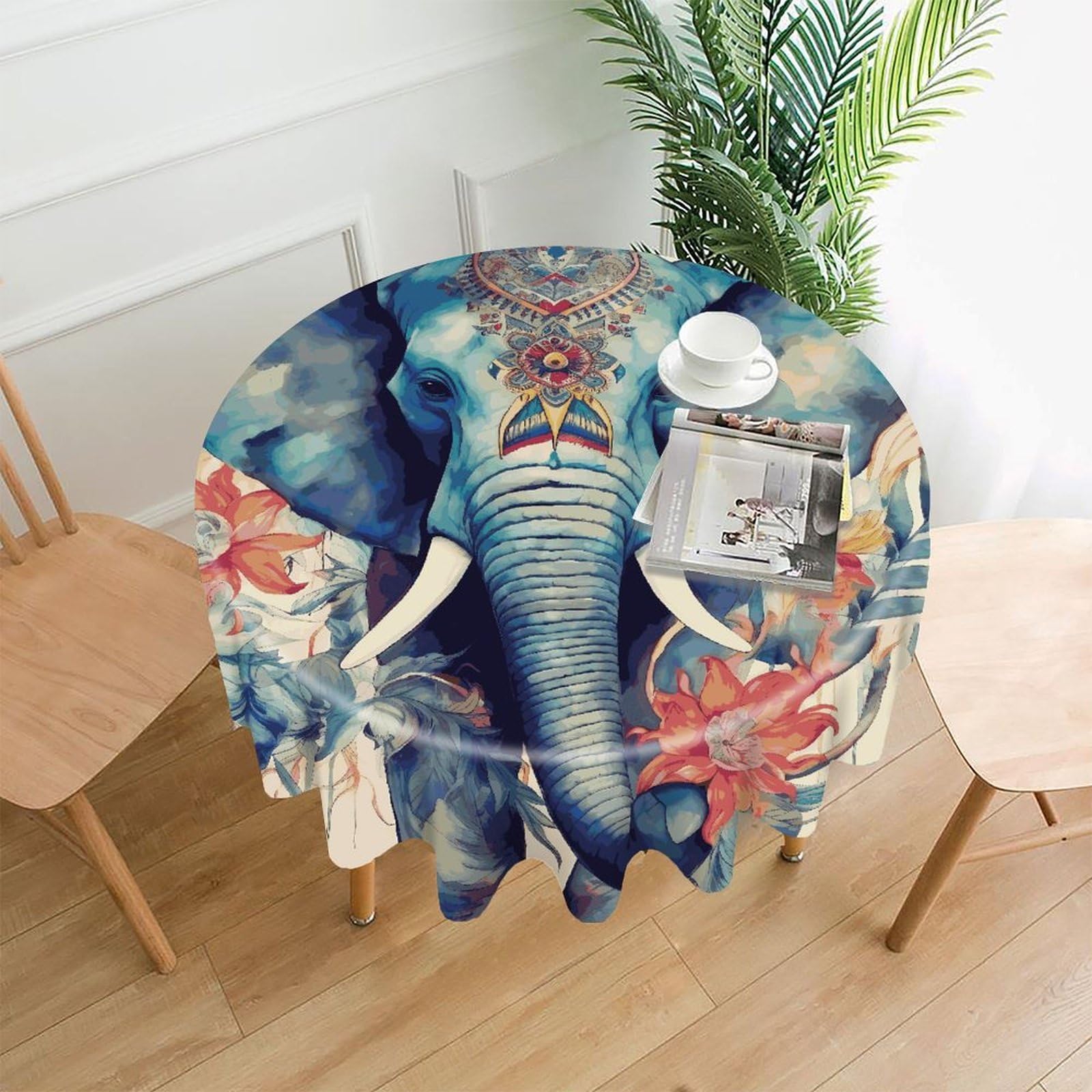 FekiLoot Peacock Feathers Elephant Round Tablecloth Cover 60 Inch Wrinkle Free Washable Polyester Fabric Table Cover Decorative Round Table Cloth for Home Dining Kitchen Party Farmhouse