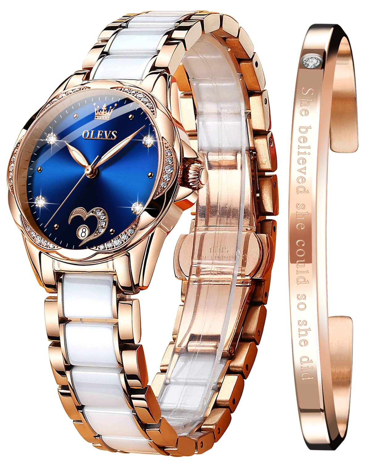 OLEVS Relojes automáticos para mujer, esfera de diamante, impermeable, correa de cerámica de oro rosa, reloj mecánico luminoso, regalos de lujo para damas, Esfera azul, Mecánico