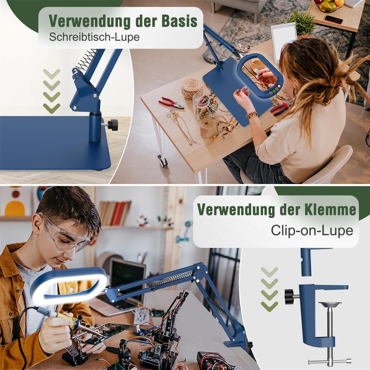 Veemagni Lupa Rectangular 12X con luz y Soporte, 5 Modos de Color Regulable sin Niveles, lámpara de Escritorio 2 en 1 con iluminación LED y Abrazadera, Manos Libres, Lupa de Lectura para Leer