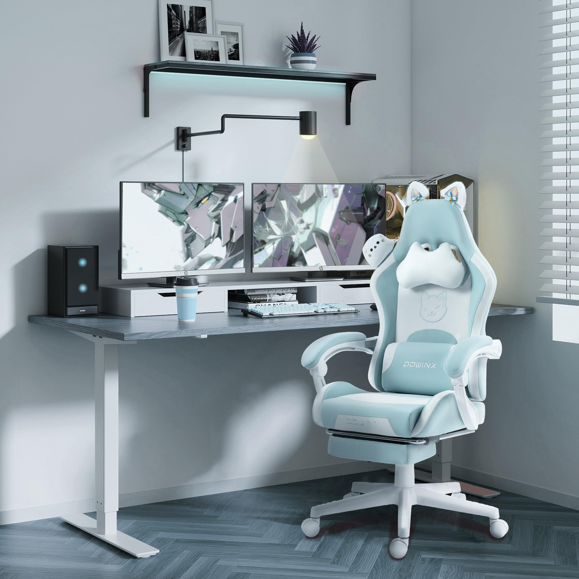 Dowinx Gaming Chair Cute with Cat Ears and Massage Lumbar Support,  Ergonomic Computer Chair for Girl with Footrest and Headrest, Comfortable  Reclining