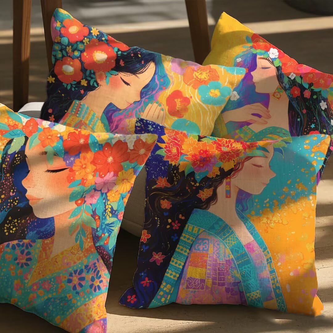 Fundas de Cojines Exterior Impermeable de Lino Fundas de Almohada Sofa Lindo, Juego de 4 Cuadrados Funda Cojin Princesa Decorativas para Jardín, Patio, Oficina, Terraza y Sala de Estar, 40x40 cm Ym294
