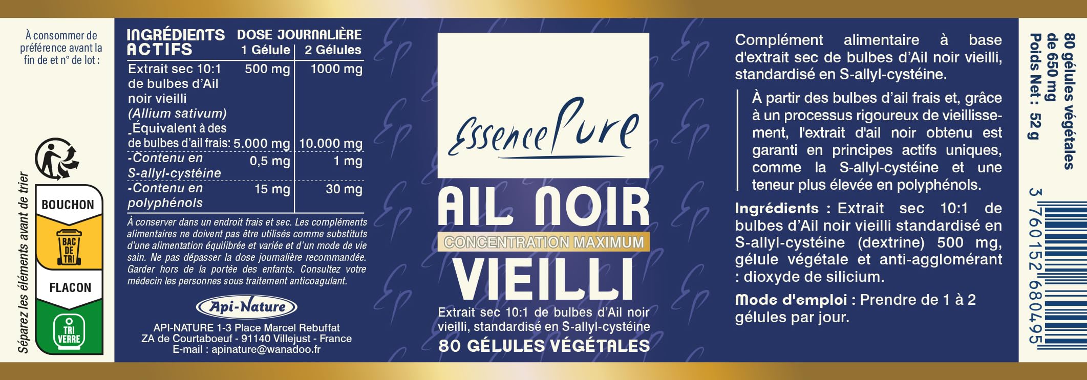 Ail Noir Fermenté 10x Concentré | Extrait d'Ail Noir Vieilli – Standardisé en S-allyl-cystéine | Cœur & Cholestérol | Sans Arrière-Goût | 80 Gélules Vegan | Essence Pure Api-Nature