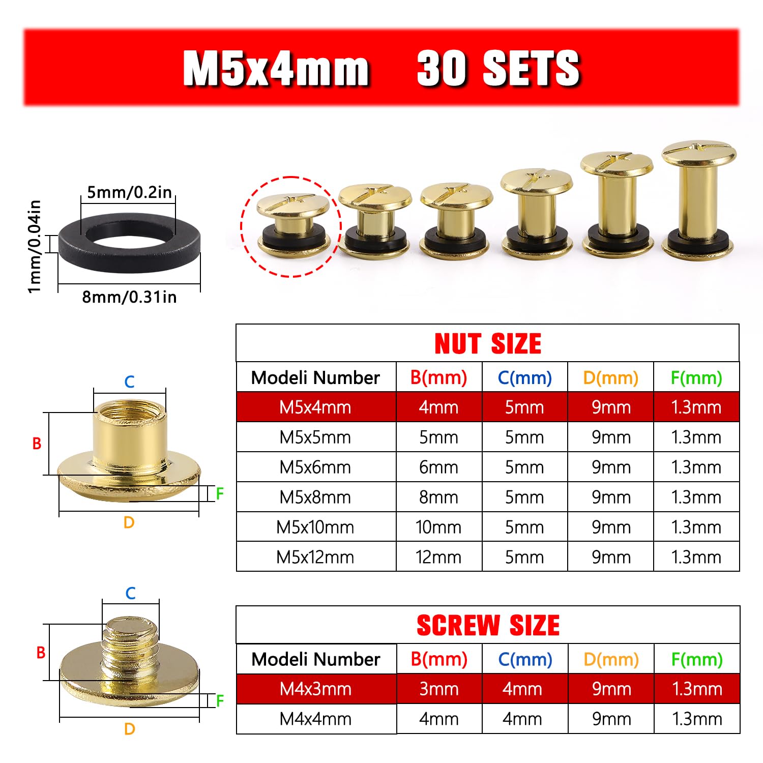 YIXISI 30 Set M5x4mm Chicago Binding Screws Kit, Book Binding Rivets, Leather Rivets, Binding Screws Posts - Image 2