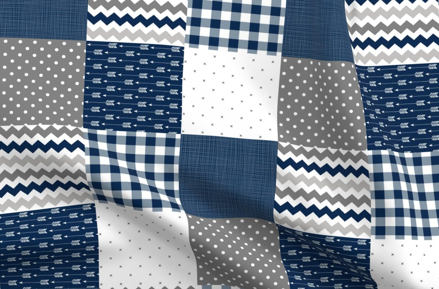 Spoonflower Fabric - Blue Cheater Quilt Plaid Chevron Patchwork Arrows Dots Check Printed on Organic Cotton Sateen Fabric by The Yard - Sewing Quilting Apparel Home Decor