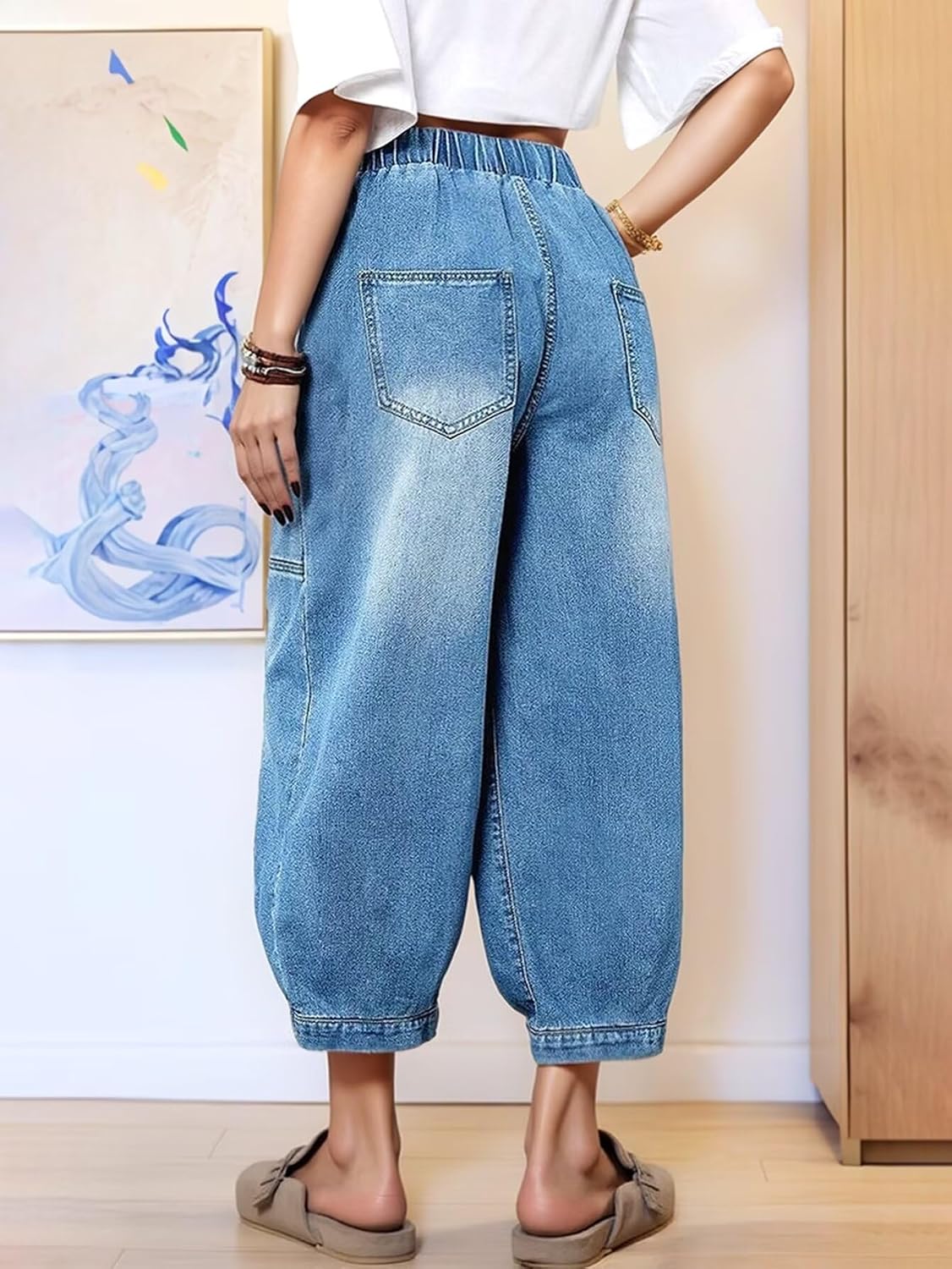 Flamingals Barrel Leg Cropped Jeans for Women Mid Rise Elastic Waisted Washed Seam Front Stretchy Denim Pants