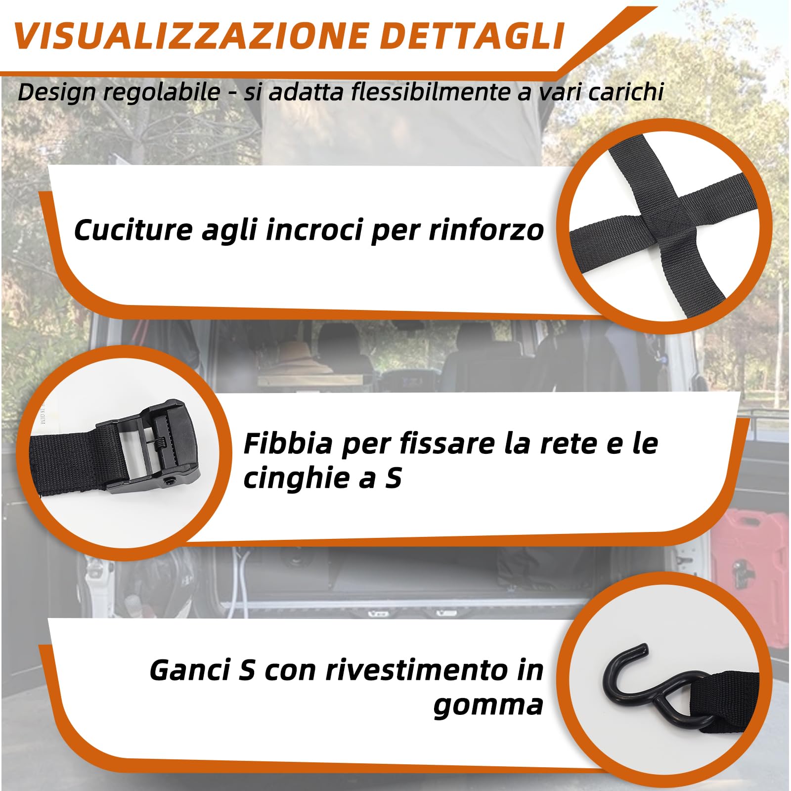 Rete di carico: rete antistrappo con 4 cinghie regolabili per fissare il carico su rimorchi pickup. Adatto per furgoni, Ducato, Boxer, Jumper, Opel Movano, Ford Transit, Mercedes-Benz