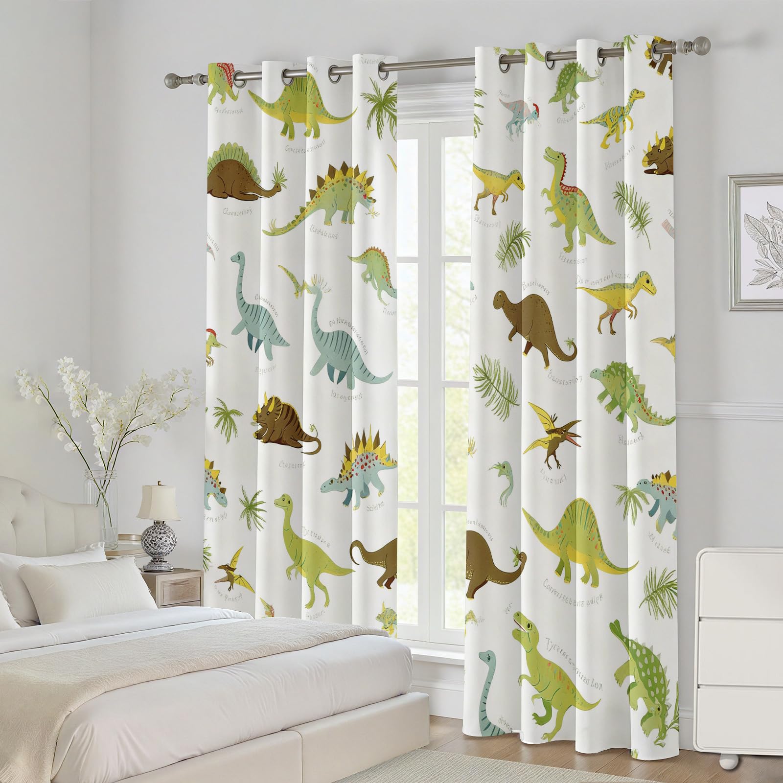 Jurassic Dino Vorhange Blickdicht 2er Set, Niedlich Dinosaurier Gardinen mit Ösen Cartoon Tiermotiv Verdunklungsvorhänge 90 cm Lang 65 Breit Thermovorhang Wohnzimmer Schlafzimmer