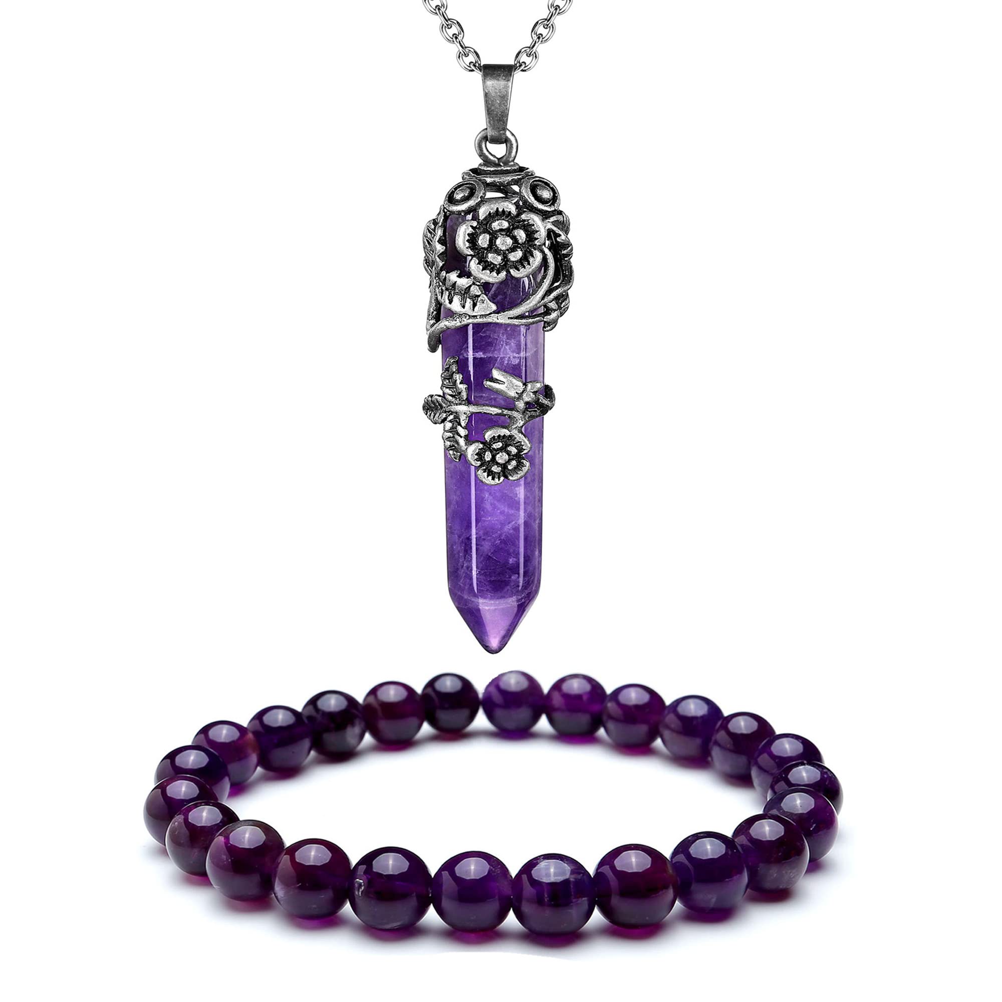 Top Plaza Natural Amethyst Rose Quartz Gemstone Crystal Healing Antique Silver Flower Wrap Pointed Pendant Necklace Bracelet Jewelry Set