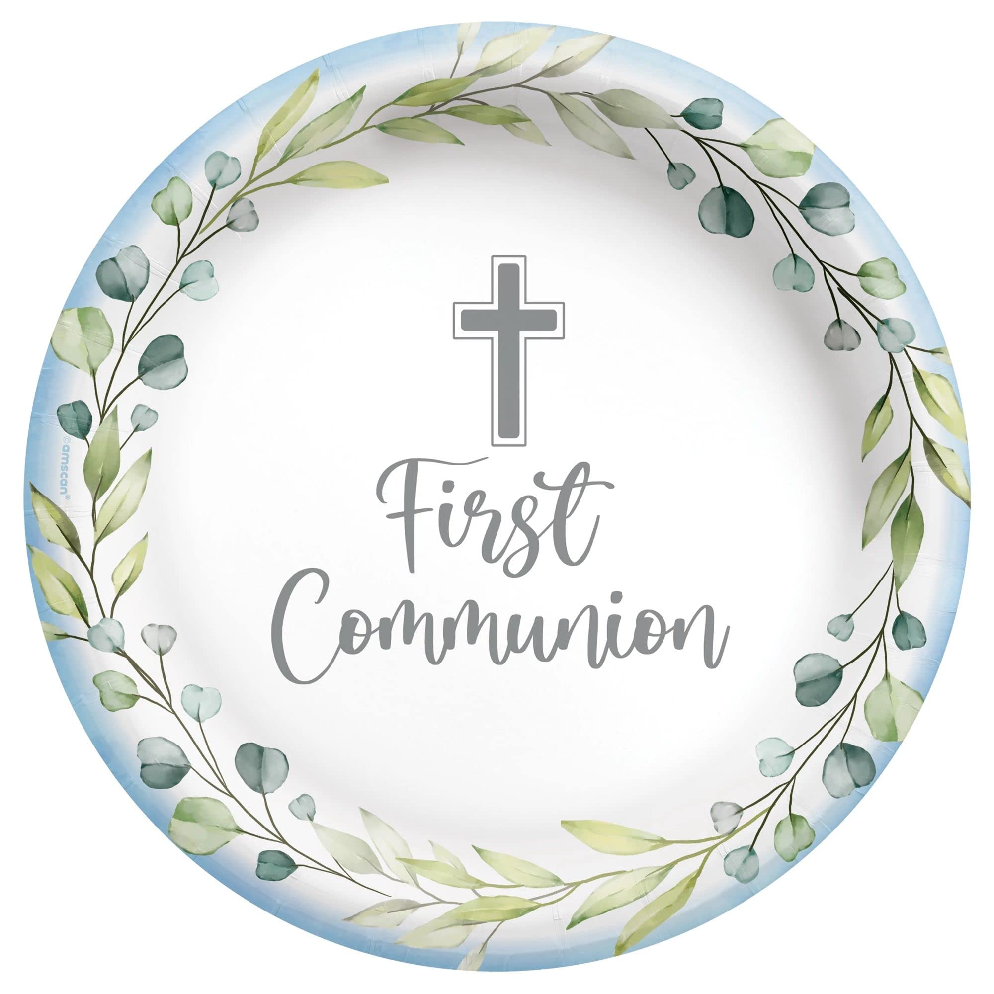Suministros de fiesta azul de la primera comunión para 20 personas | Platos de papel y servilletas | Diseño de cruz religiosa inspiradora