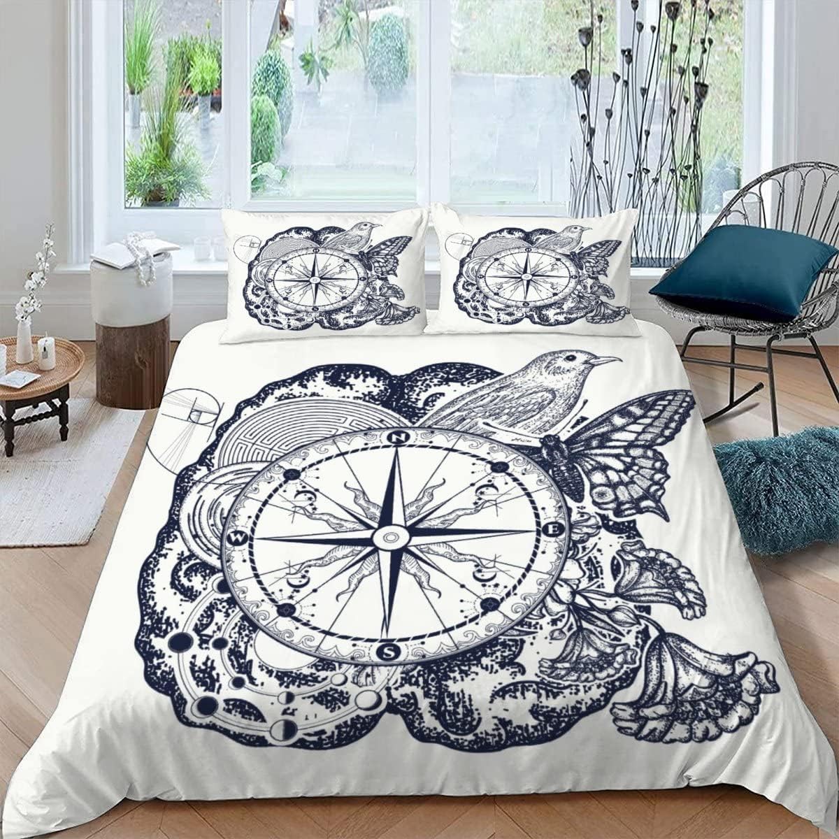 Housse de couette boussole rétro 260x230 cm avec fermeture éclair parure lit