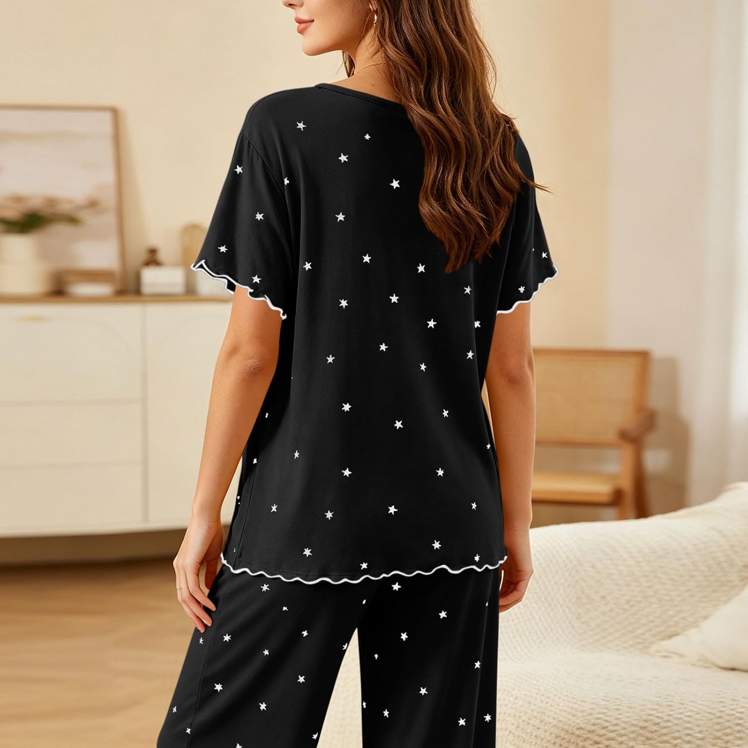 Womens Pajama Set Short Sleeve Crew Wide Leg Pocket | Pajamas for Women Set Crew Neck Sleepswear 2 Piece Short Sleeve PJ Top and Wide Leg Long Pants Loungwear With Pocket