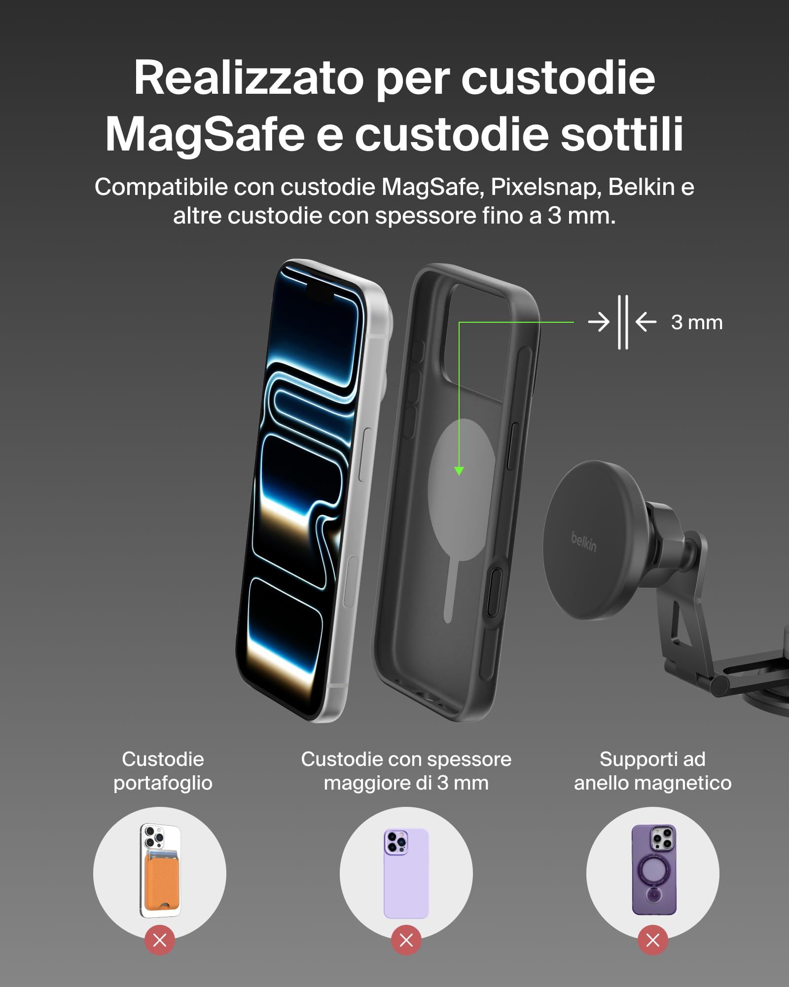 Belkin BoostCharge Caricatore Wireless per Auto Qi2, Supporto Magnetico per Telefono per Bocchette dell'Aria con Cavo USB C, Ricarica Rapida Compatibile con MagSafe per iPhone, Galaxy, Pixelsnap, Nero