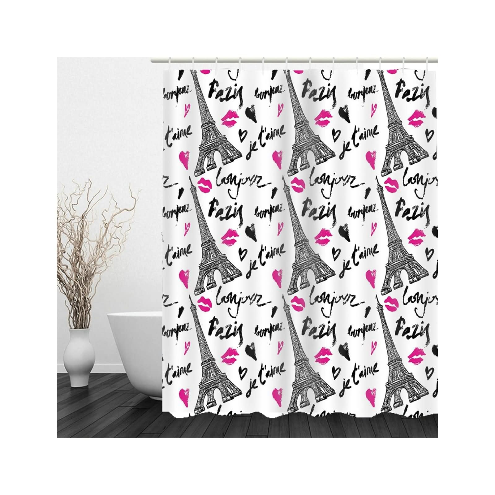 Duschrollo für Badewanne, Bad Duschvorhang Lippenabdruck und Turm Schwarz Rosa 180X200cm für Badezimmer